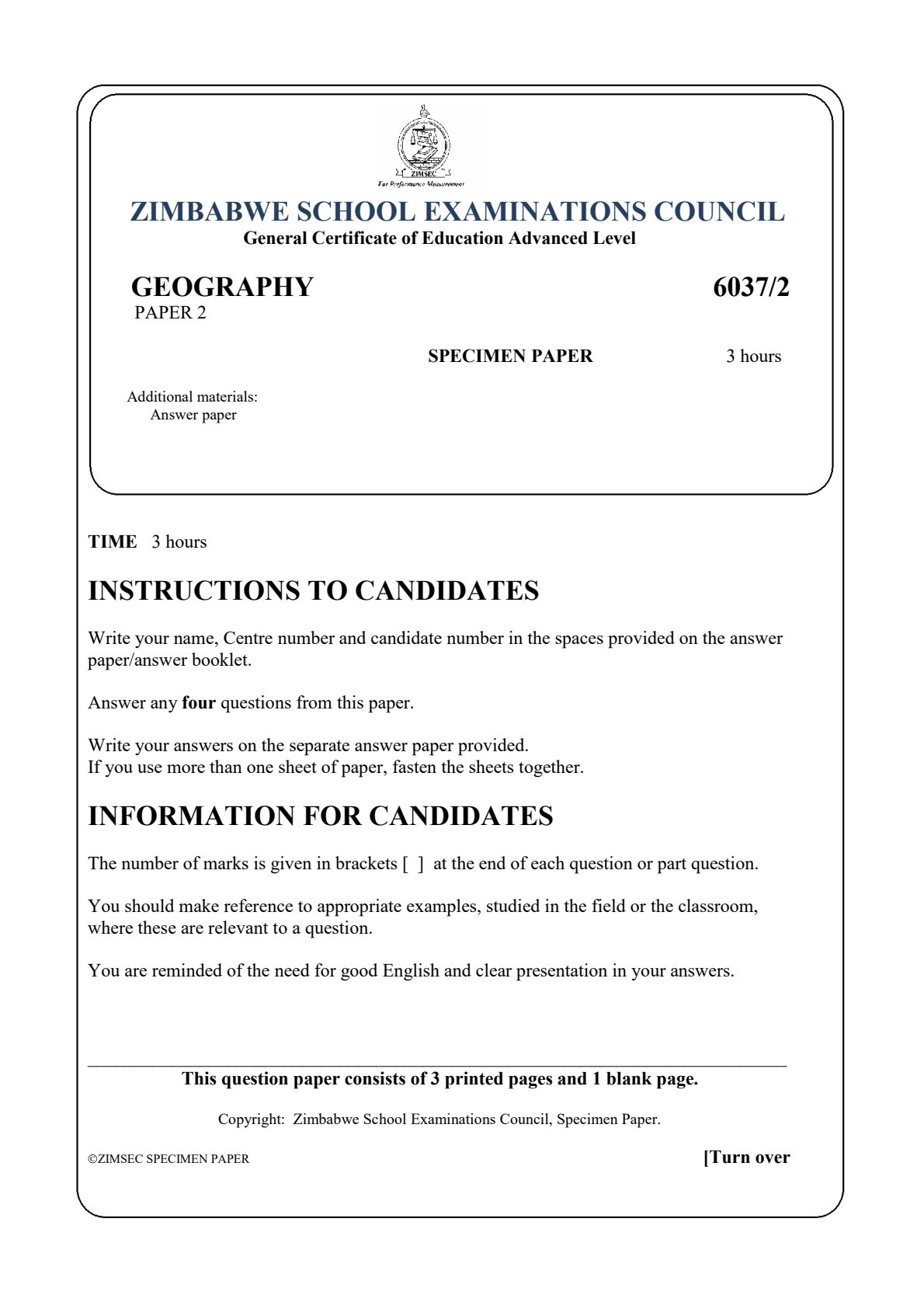 First page of ZIMSEC A-Level Geography Paper 2 Question Paper