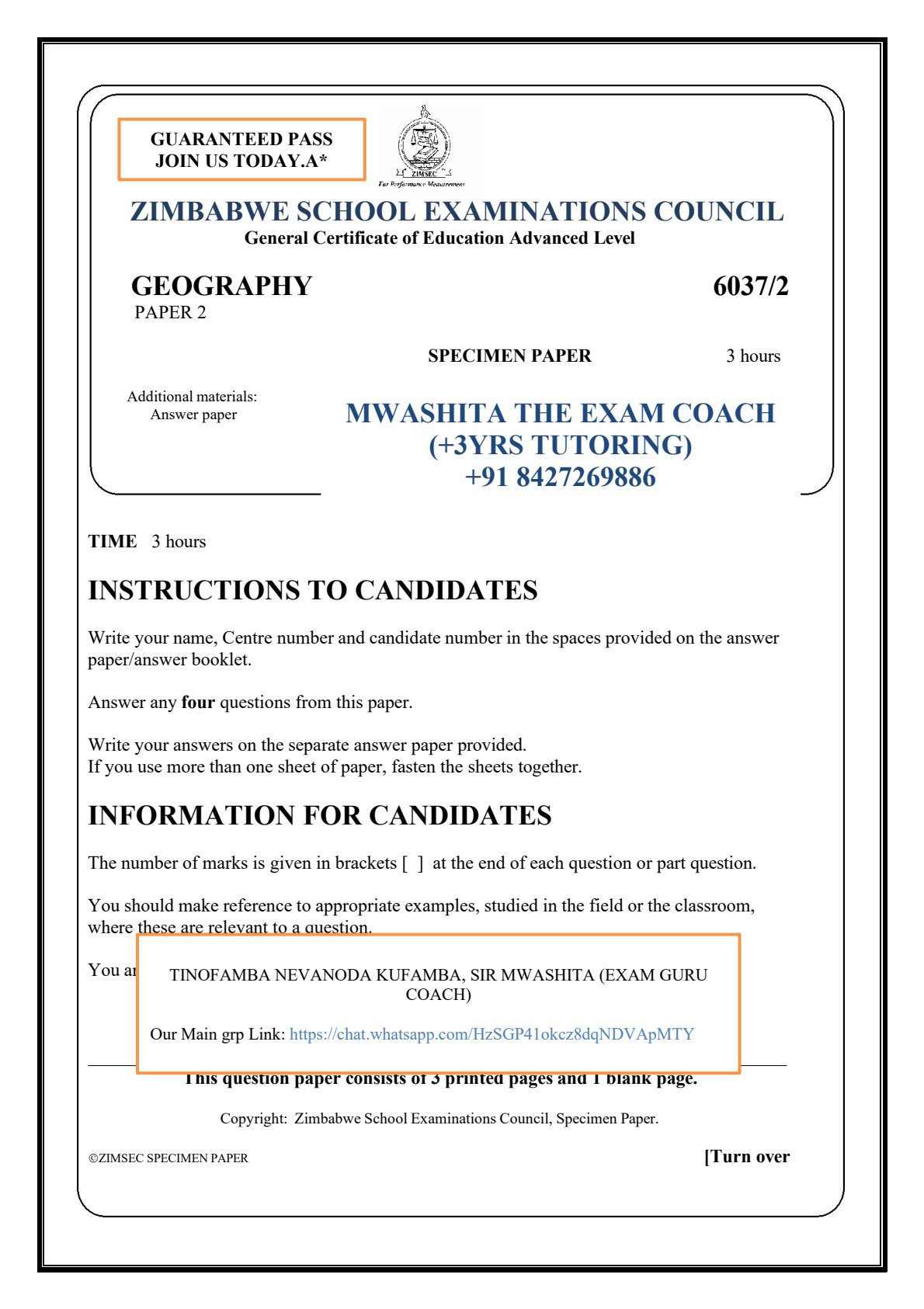First page of ZIMSEC A-Level Geography Paper 2 Question Paper