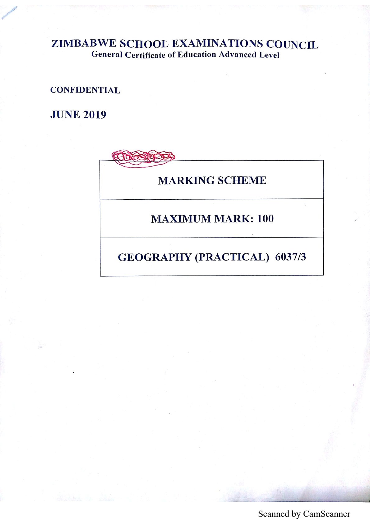 First page of ZIMSEC A-Level Geography Paper 3 June 2019 Marking Scheme