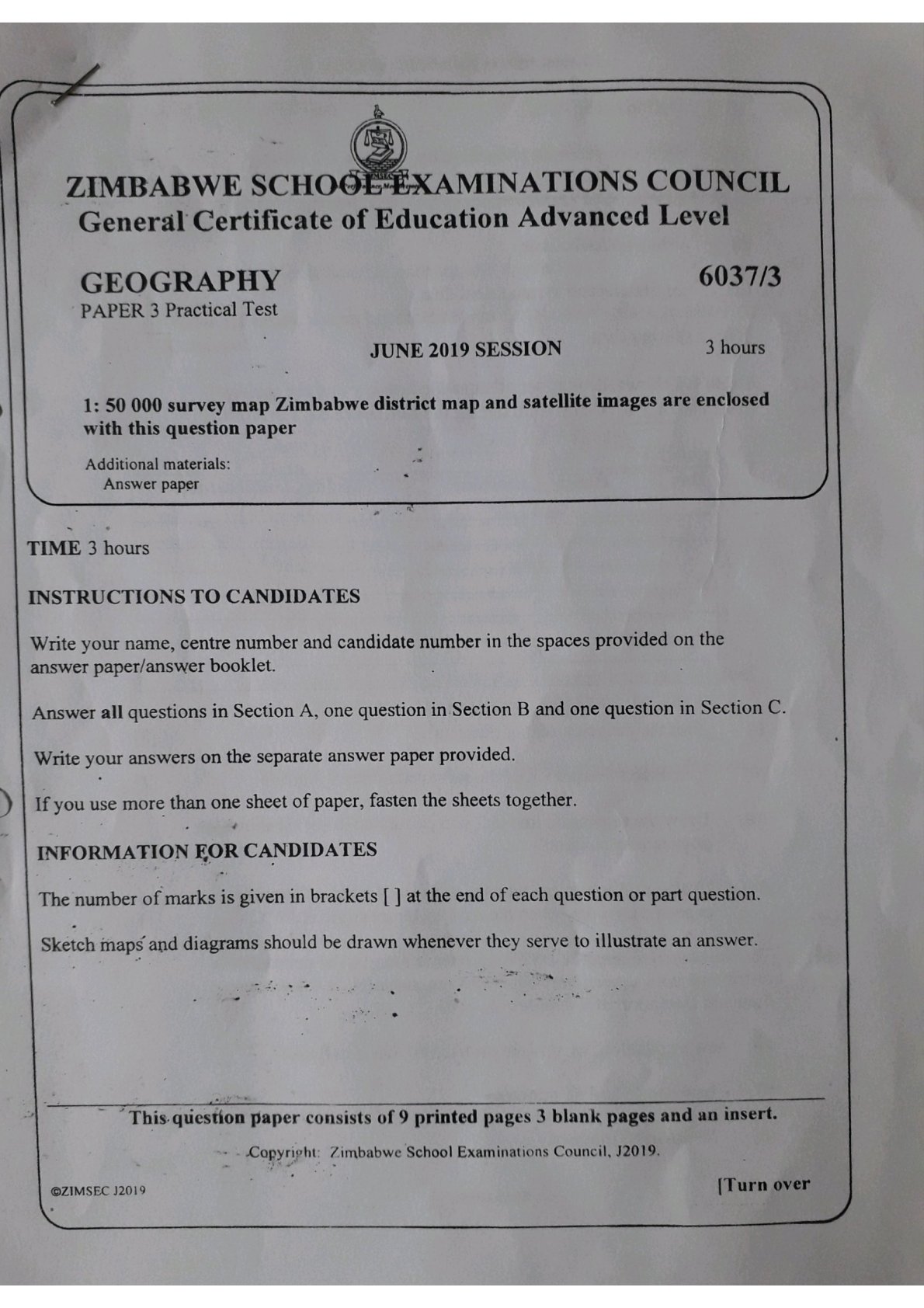 First page of ZIMSEC A-Level Geography Paper 3 June 2019 Question Paper