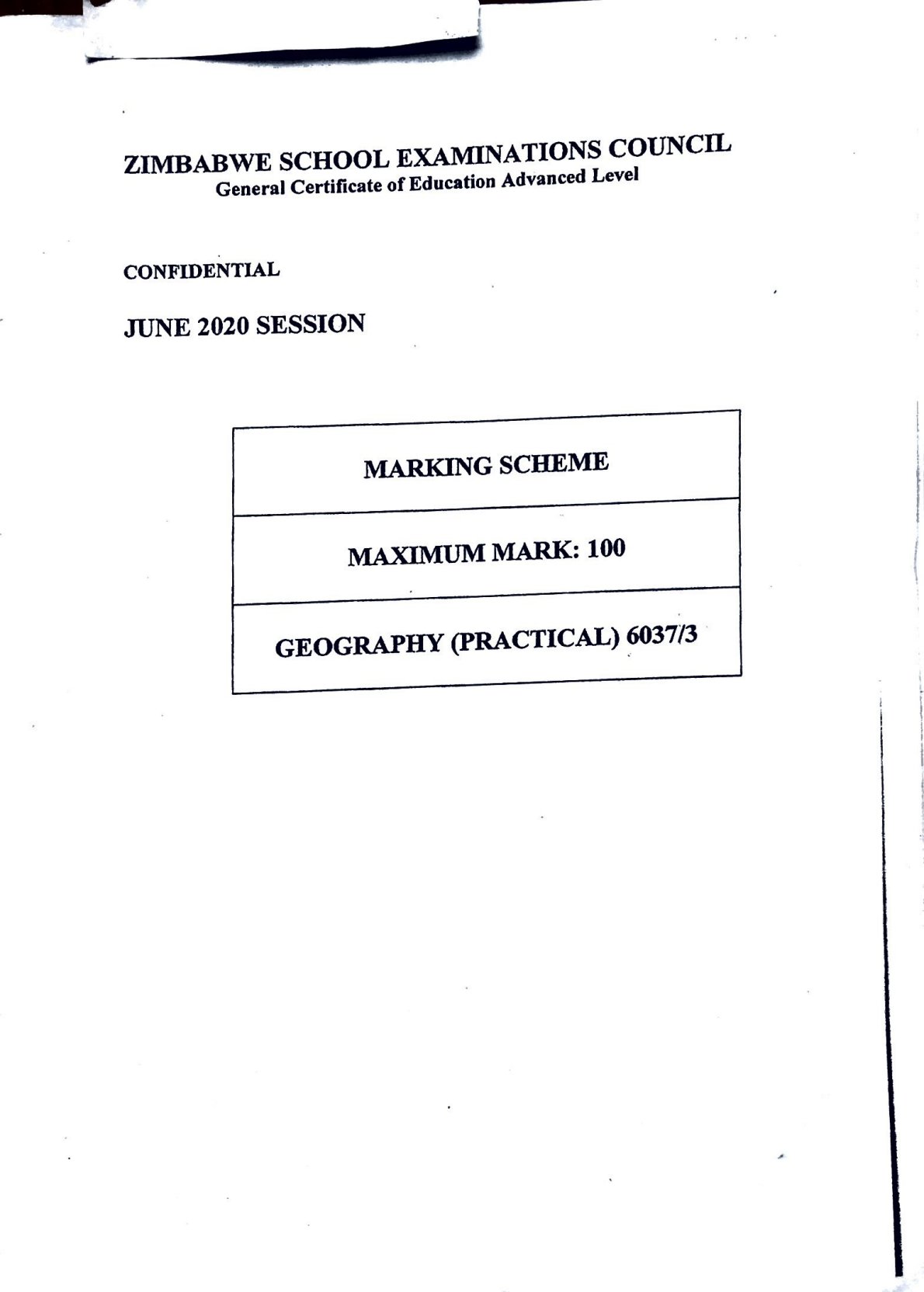 First page of ZIMSEC A-Level Geography Paper 3 June 2020 Marking Scheme