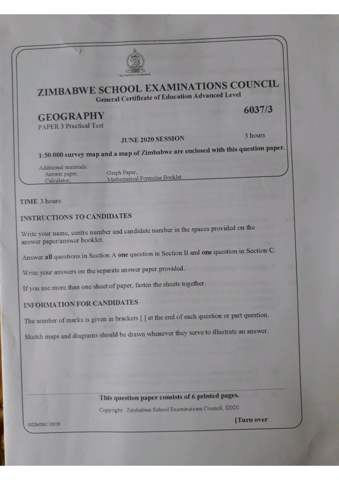 First page of ZIMSEC A-Level Geography Paper 3 June 2020 Question Paper