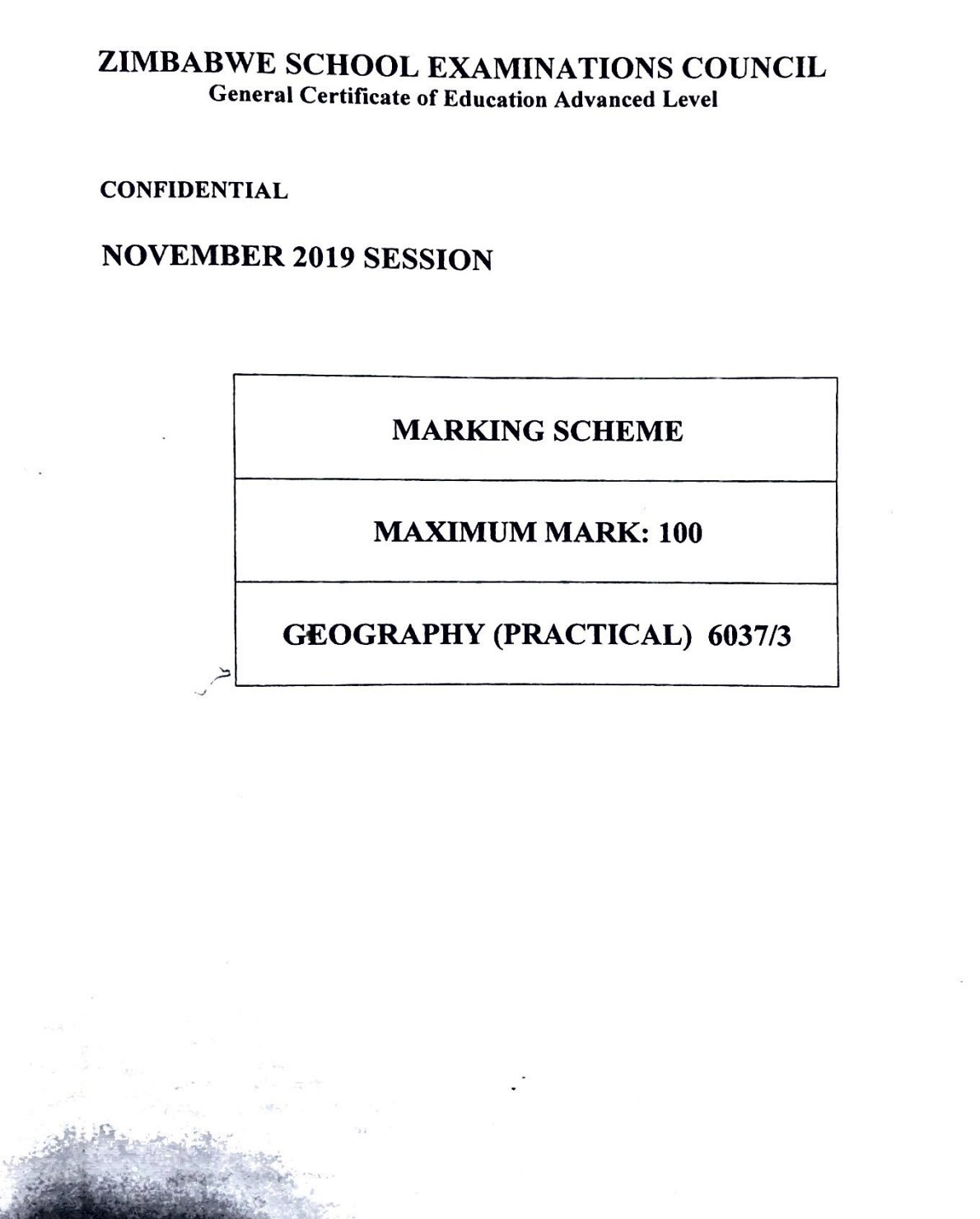First page of ZIMSEC A-Level Geography Paper 3 November 2019 Marking Scheme