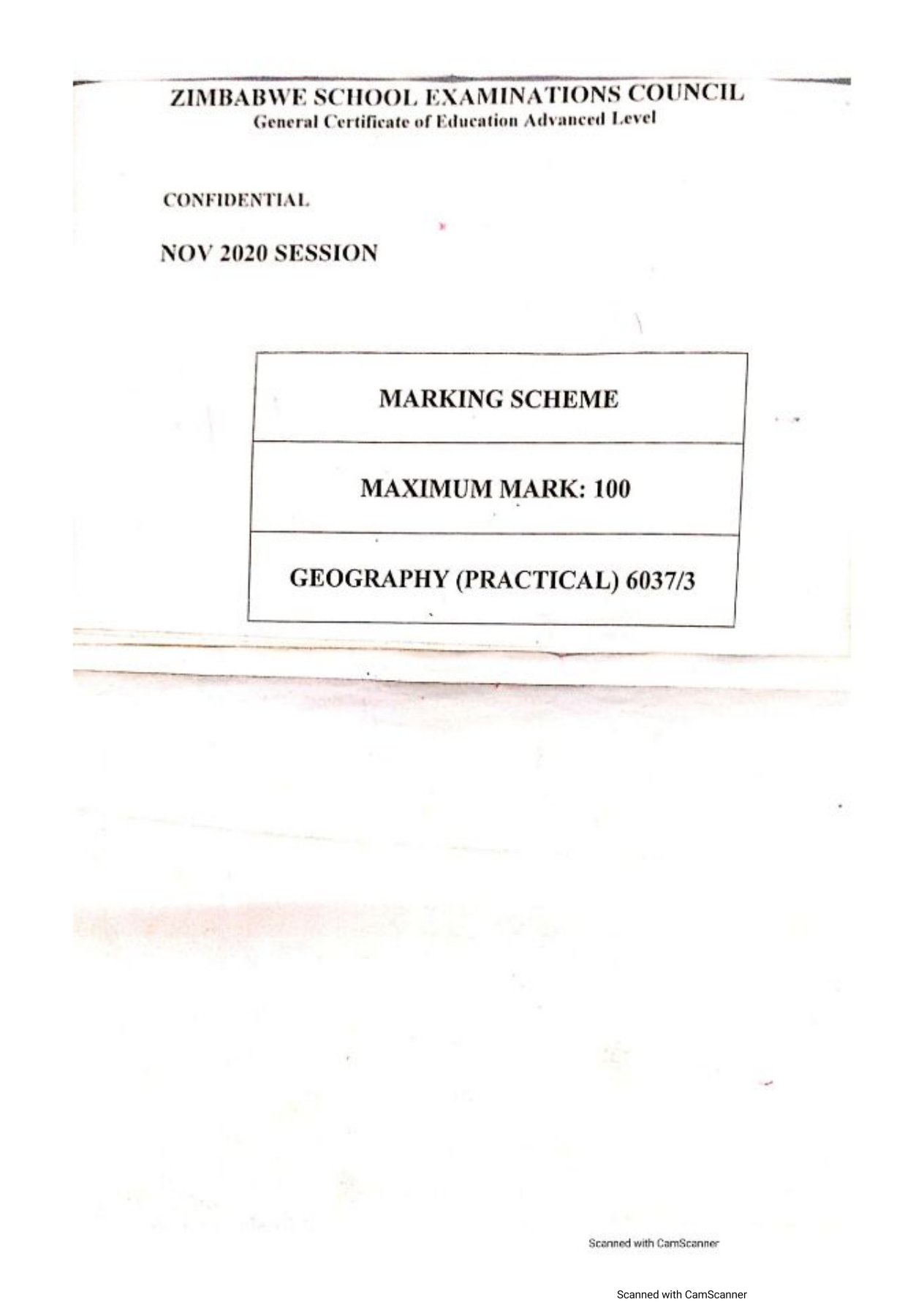 First page of ZIMSEC A-Level Geography Paper 3 November 2020 Marking Scheme