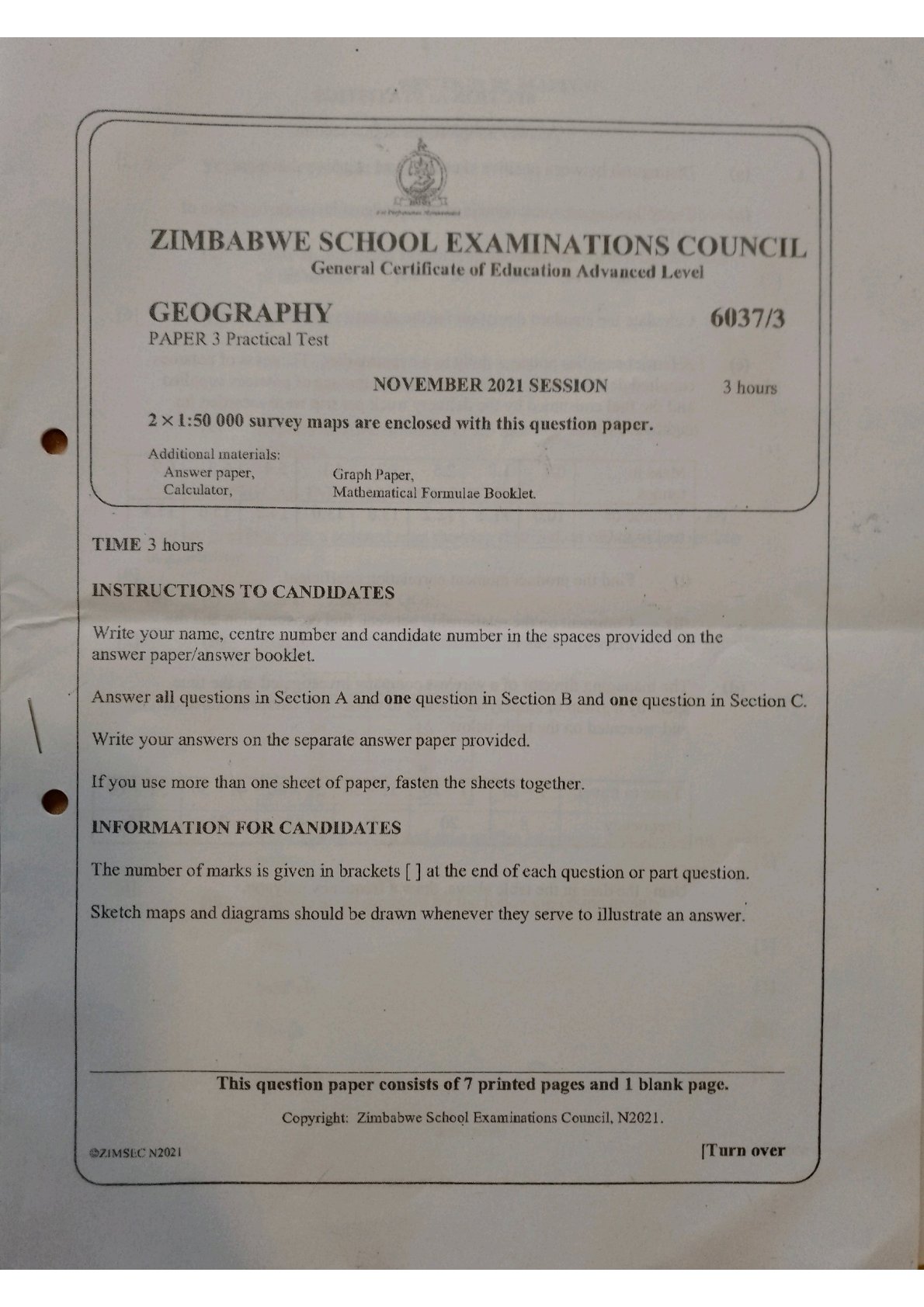 First page of ZIMSEC A-Level Geography Paper 3 November 2021 Question Paper