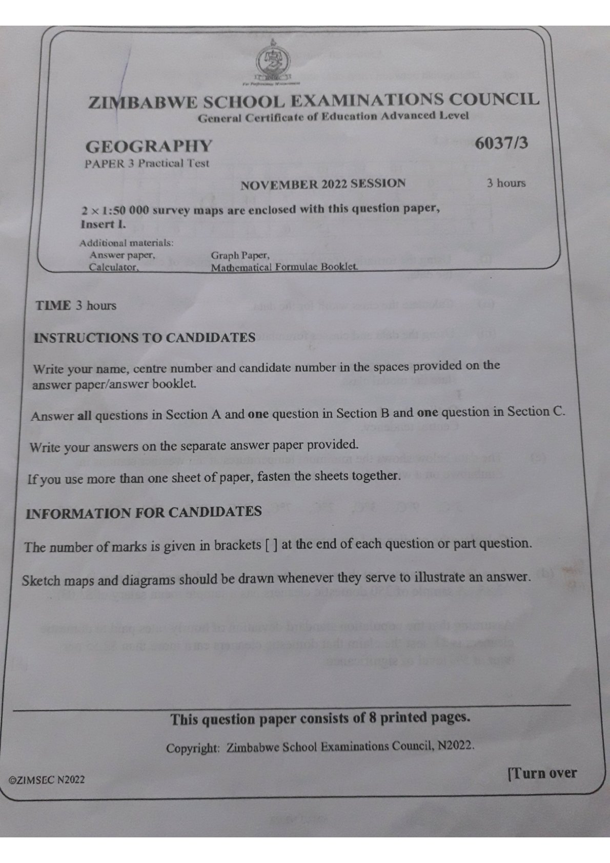 First page of ZIMSEC A-Level Geography Paper 3 November 2022 Question Paper