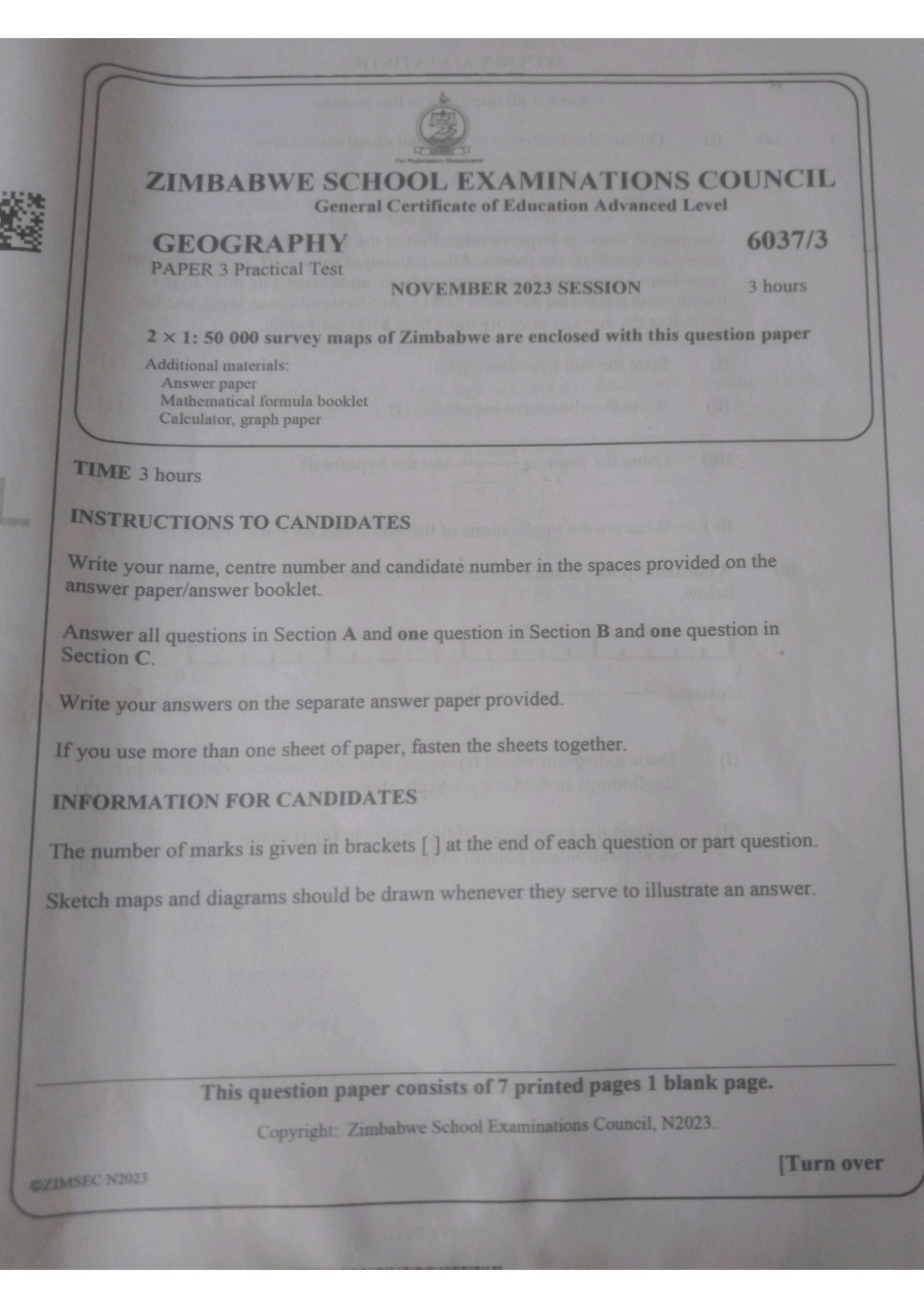 First page of ZIMSEC A-Level Geography Paper 3 November 2023 Question Paper