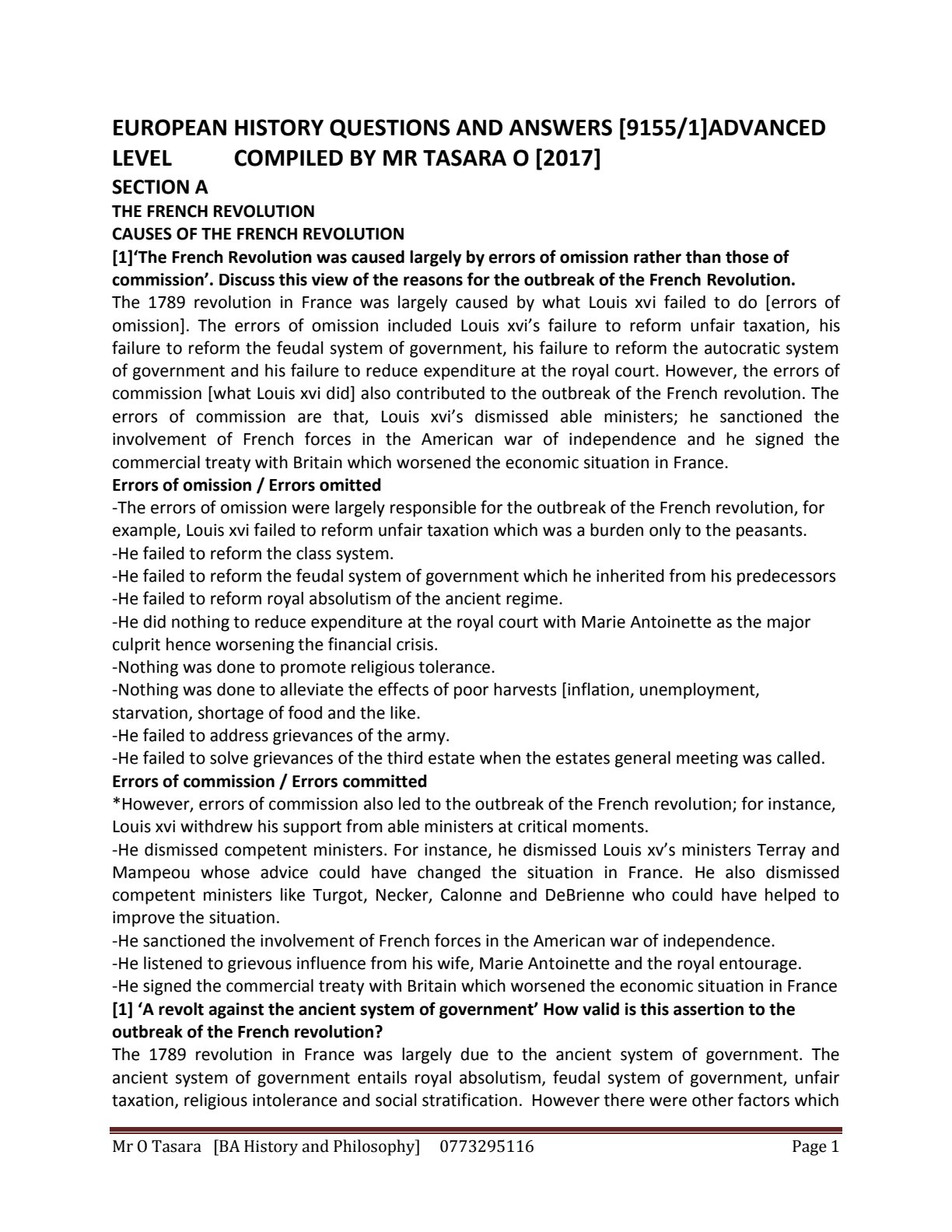 First page of ZIMSEC A-Level History 2017 Study Guide