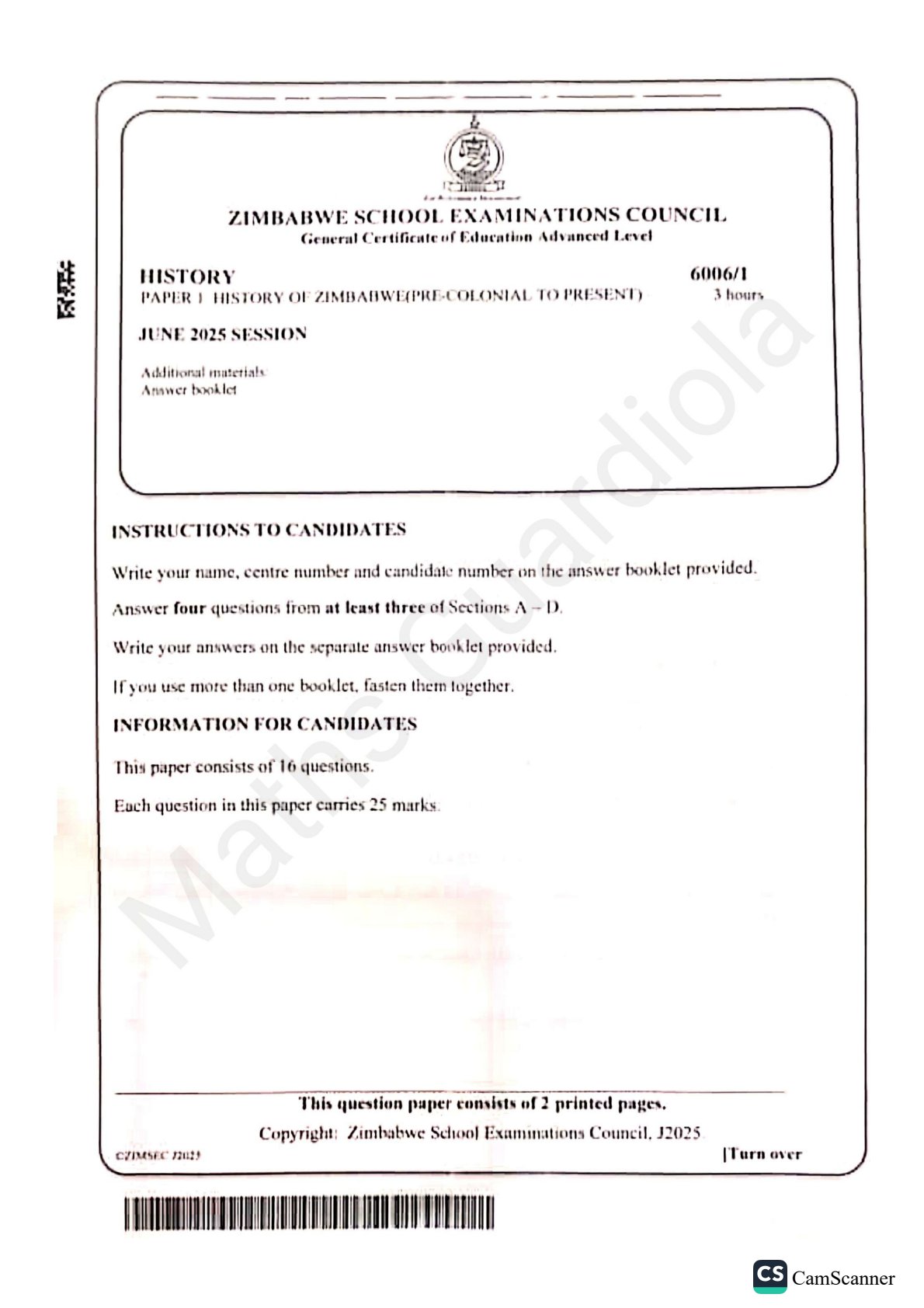 First page of ZIMSEC A-Level History Paper 1 June 2025 Question Paper