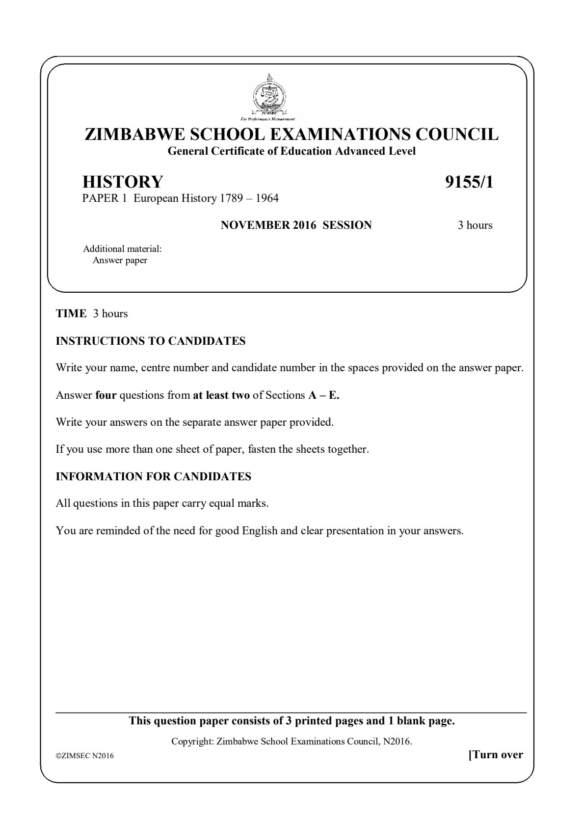 First page of ZIMSEC A-Level History Paper 1 November 2016 Question Paper