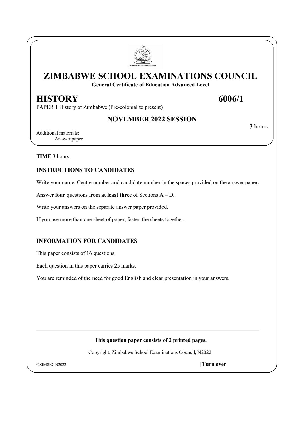 First page of ZIMSEC A-Level History Paper 1 November 2022 Question Paper