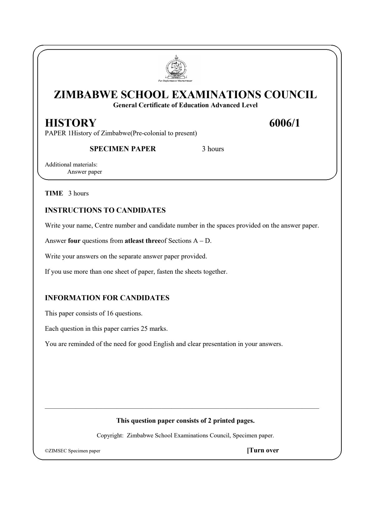 First page of ZIMSEC A-Level History Paper 1 Question Paper