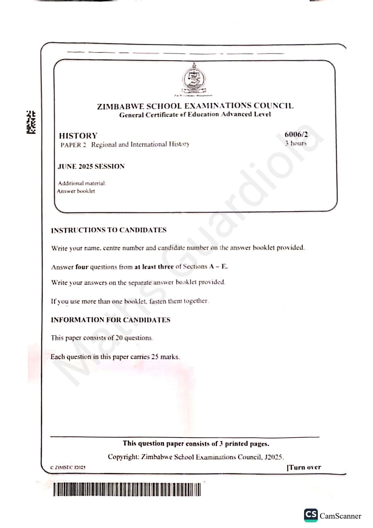 First page of ZIMSEC A-Level History Paper 2 June 2025 Question Paper