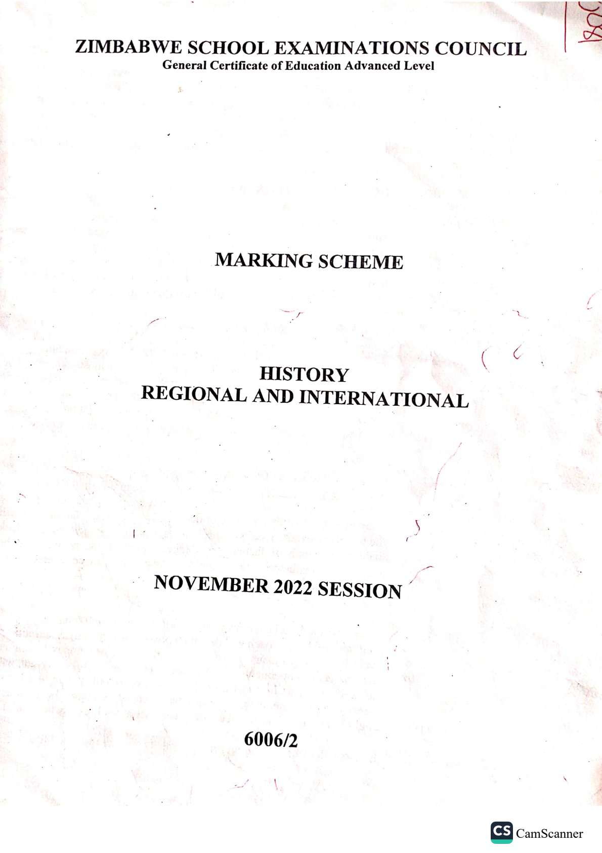 First page of ZIMSEC A-Level History Paper 2 November 2022 Marking Scheme