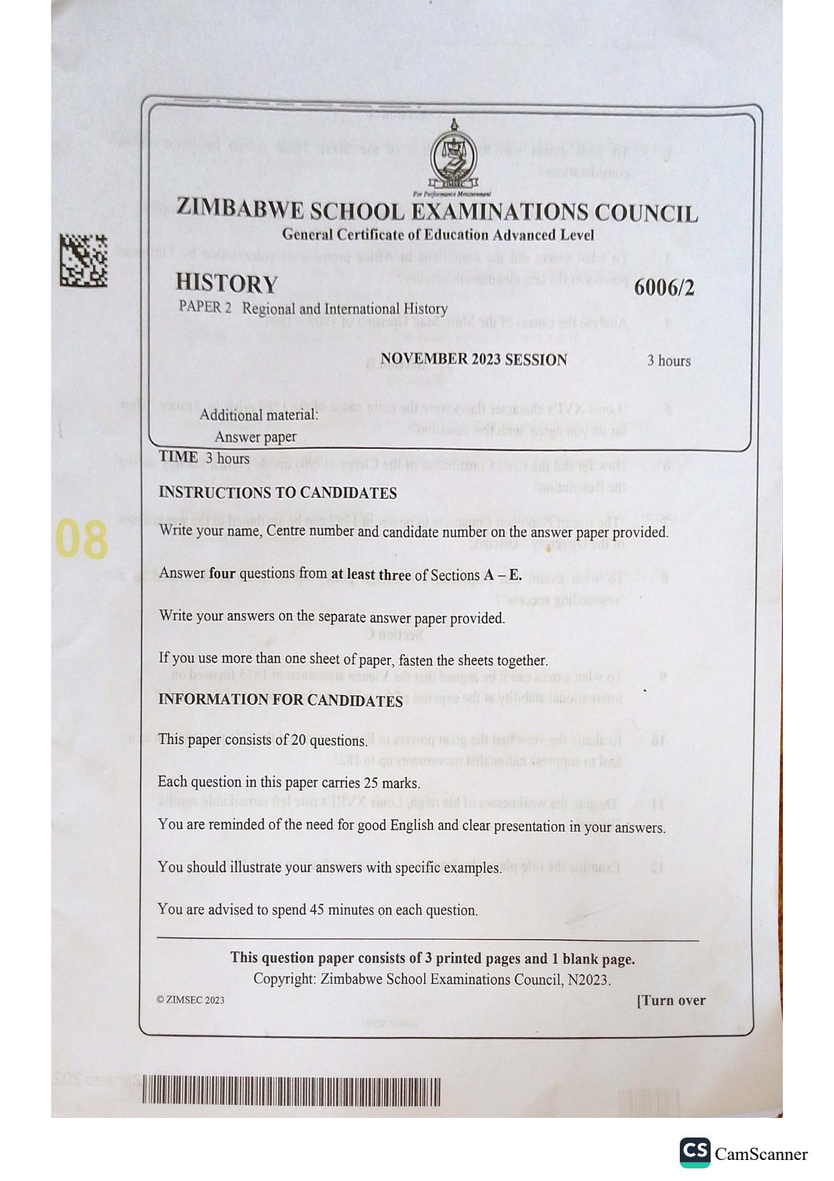 First page of ZIMSEC A-Level History Paper 2 November 2023 Question Paper