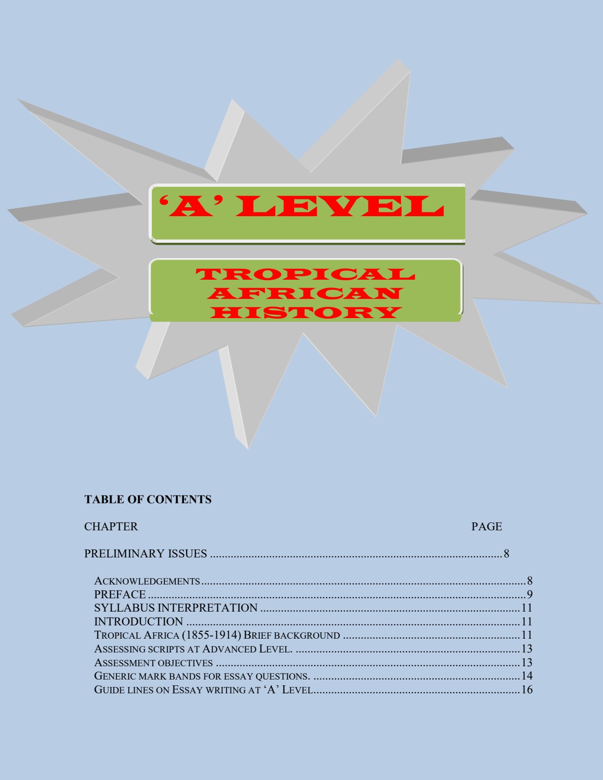 First page of ZIMSEC A-Level History Study Guide