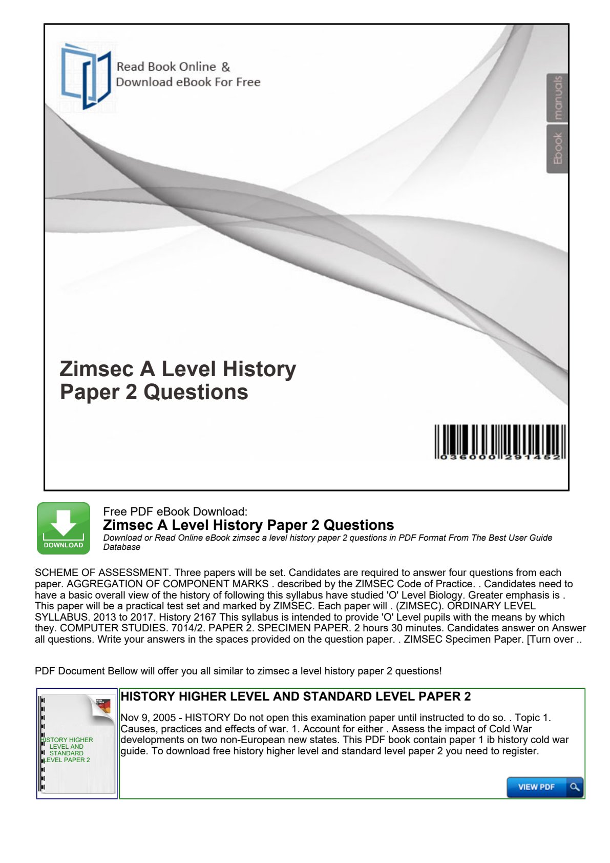 First page of ZIMSEC A-Level History Study Guide