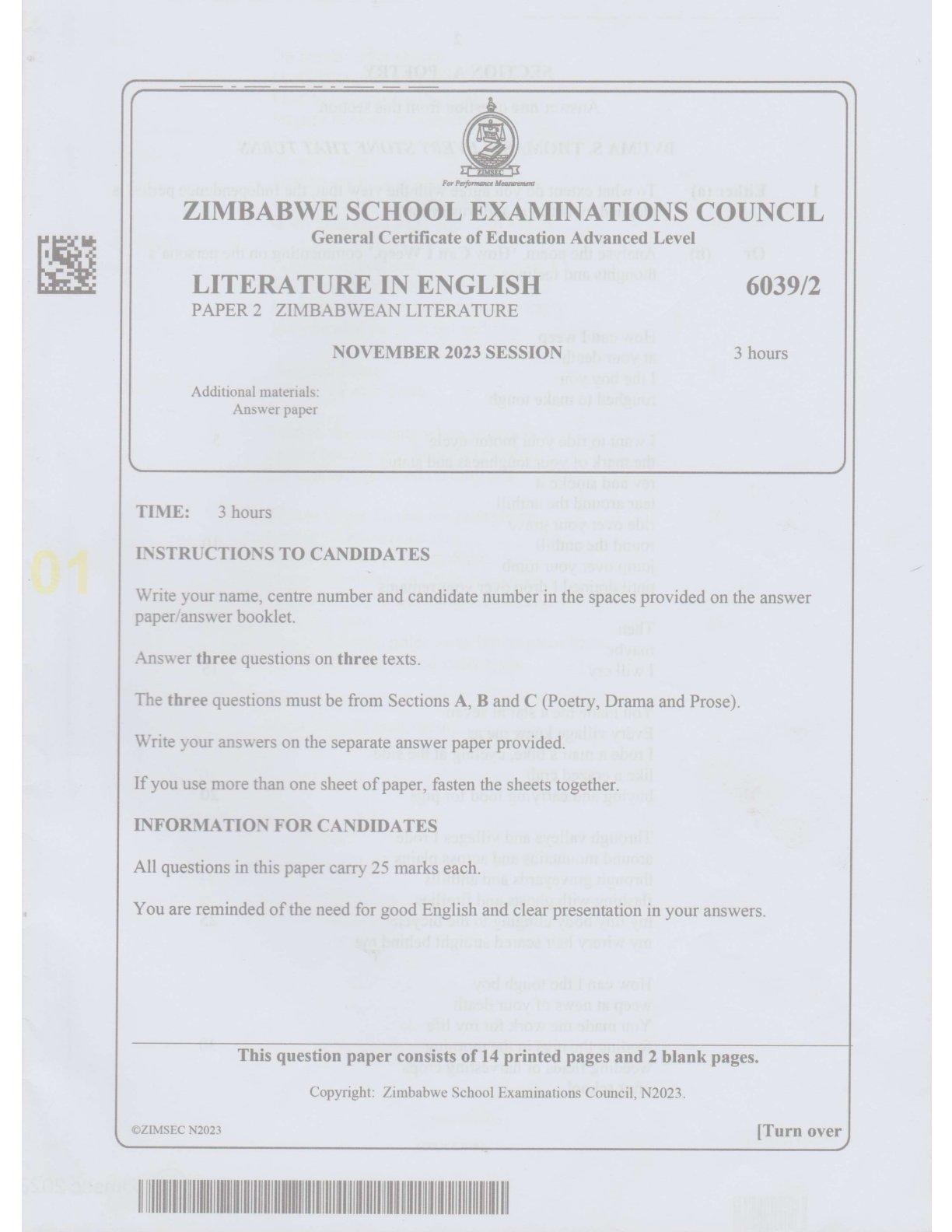 First page of ZIMSEC A-Level Literature in English Paper 2 November 2023 Question Paper