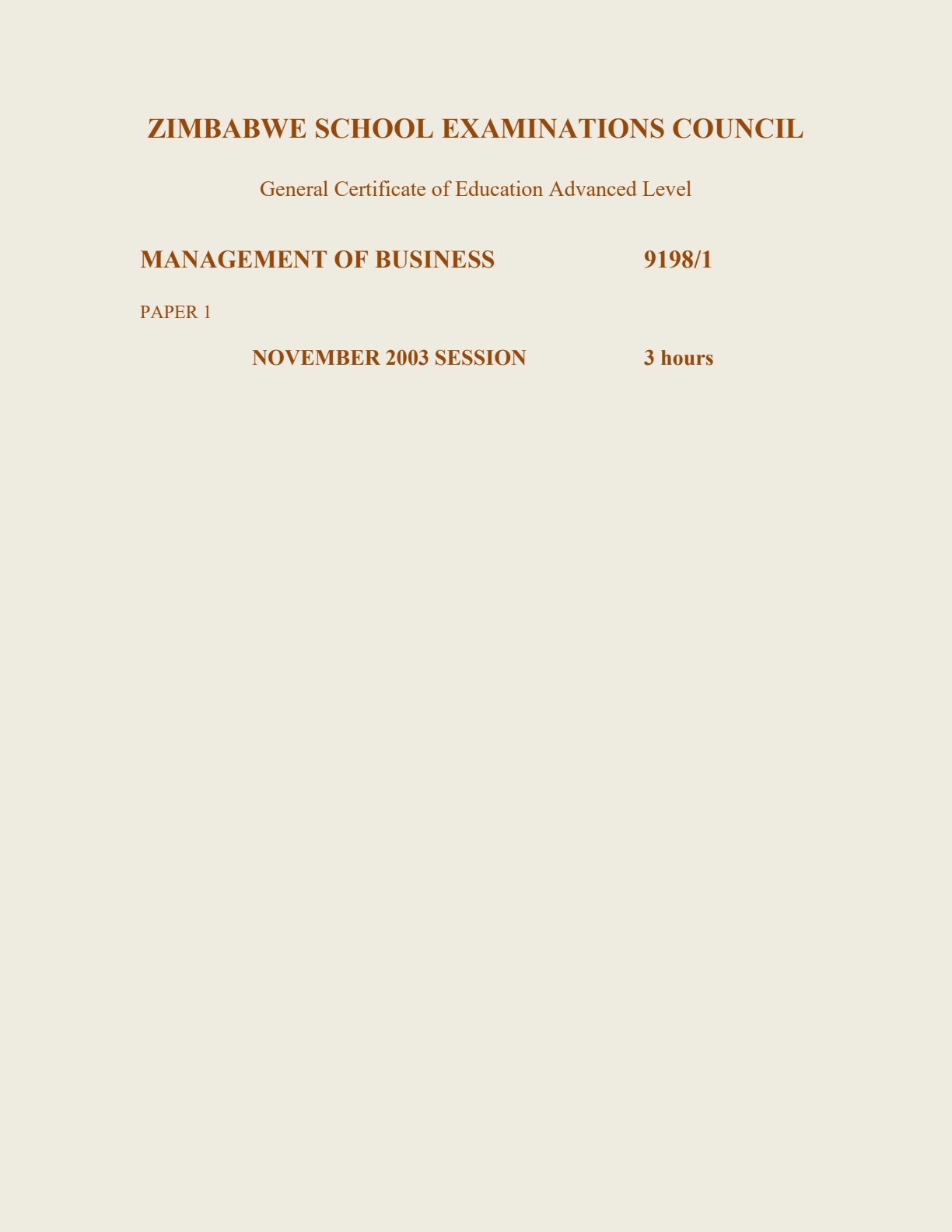 First page of ZIMSEC A-Level Management of Business Paper 1 November 2003 Question Paper