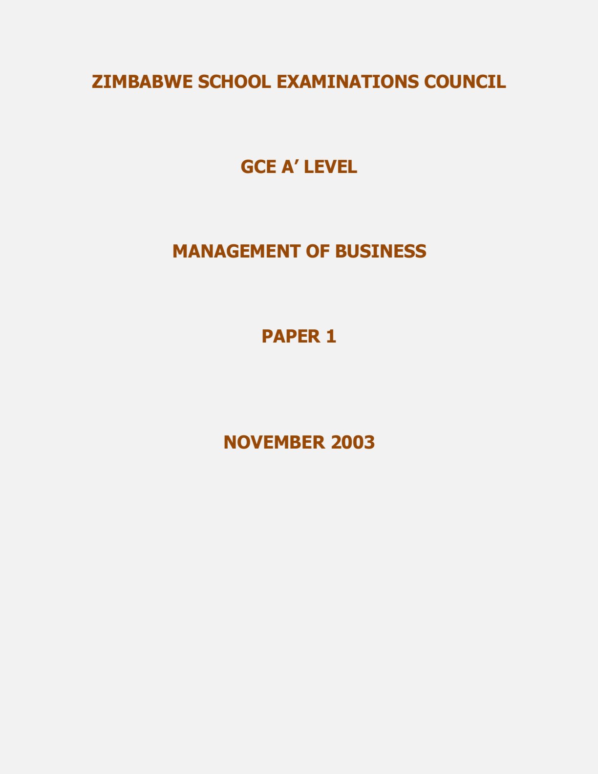 First page of ZIMSEC A-Level Management of Business Paper 1 November 2003 Question Paper