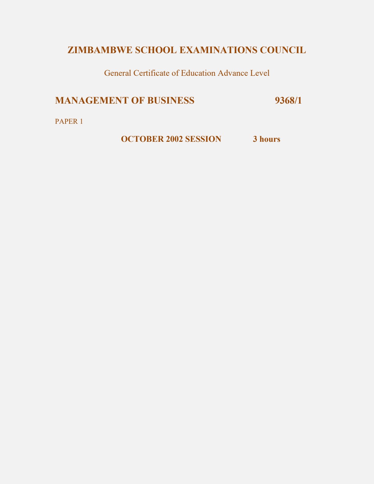 First page of ZIMSEC A-Level Management of Business Paper 1 October 2002 Question Paper