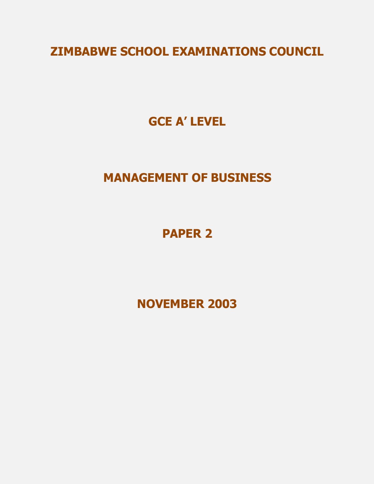 First page of ZIMSEC A-Level Management of Business Paper 2 November 2003 Question Paper