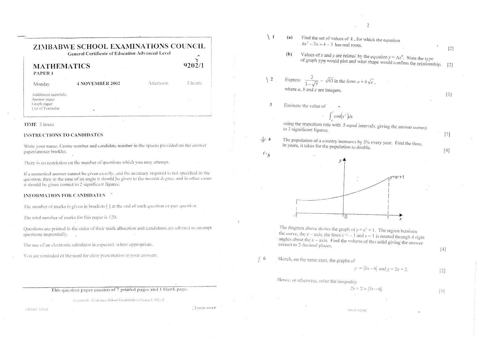 First page of ZIMSEC A-Level Mathematics Blue Book 2002-2014 Study Guide