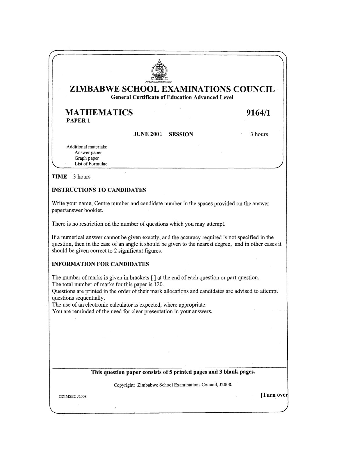First page of ZIMSEC A-Level Mathematics Paper 1 June 2001 Question Paper