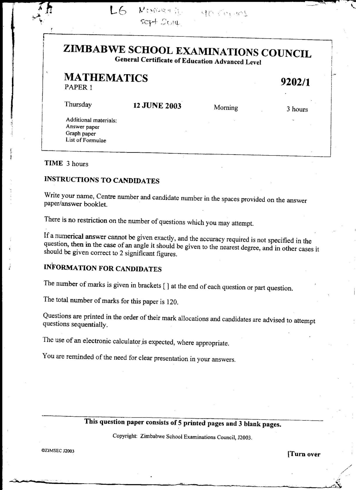 First page of ZIMSEC A-Level Mathematics Paper 1 June 2003 Question Paper