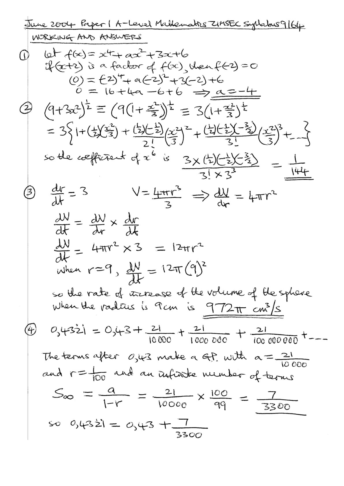 First page of ZIMSEC A-Level Mathematics Paper 1 June 2004 Marking Scheme
