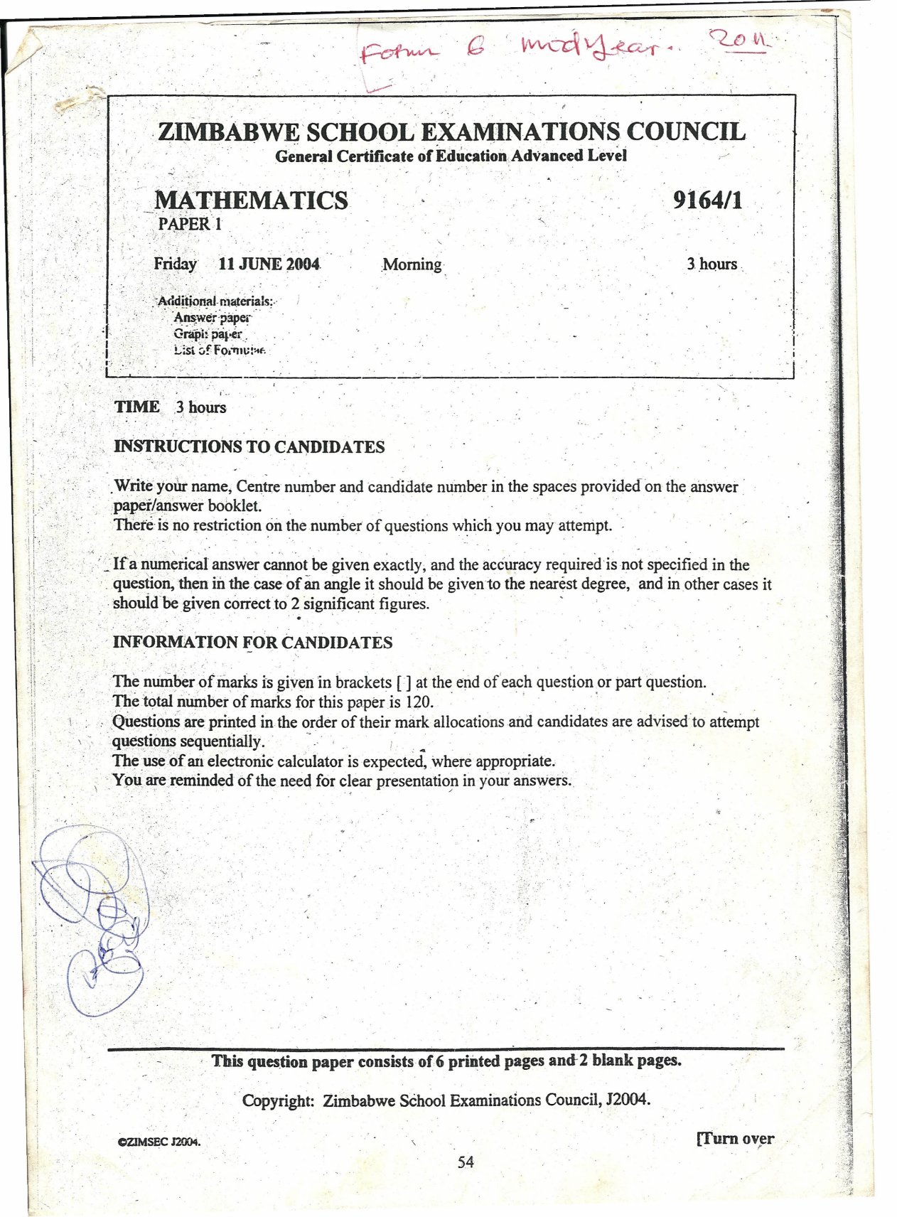 First page of ZIMSEC A-Level Mathematics Paper 1 June 2004 Question Paper
