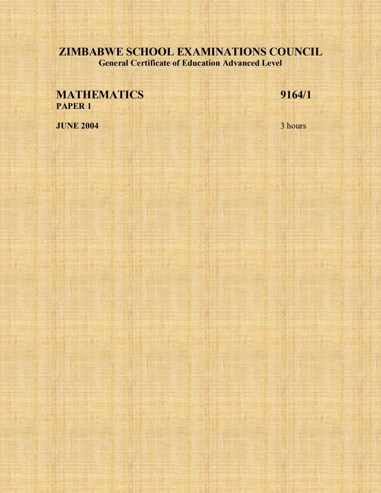First page of ZIMSEC A-Level Mathematics Paper 1 June 2004 Question Paper