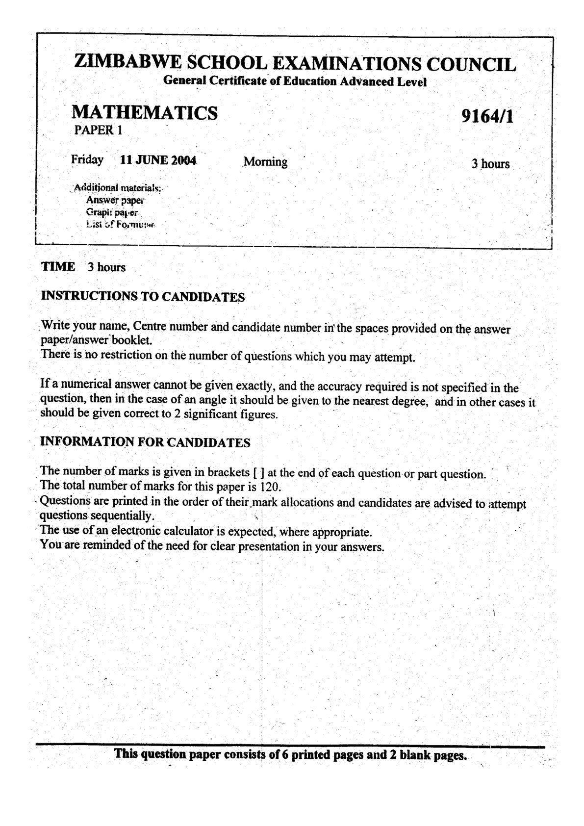 First page of ZIMSEC A-Level Mathematics Paper 1 June 2004 Question Paper