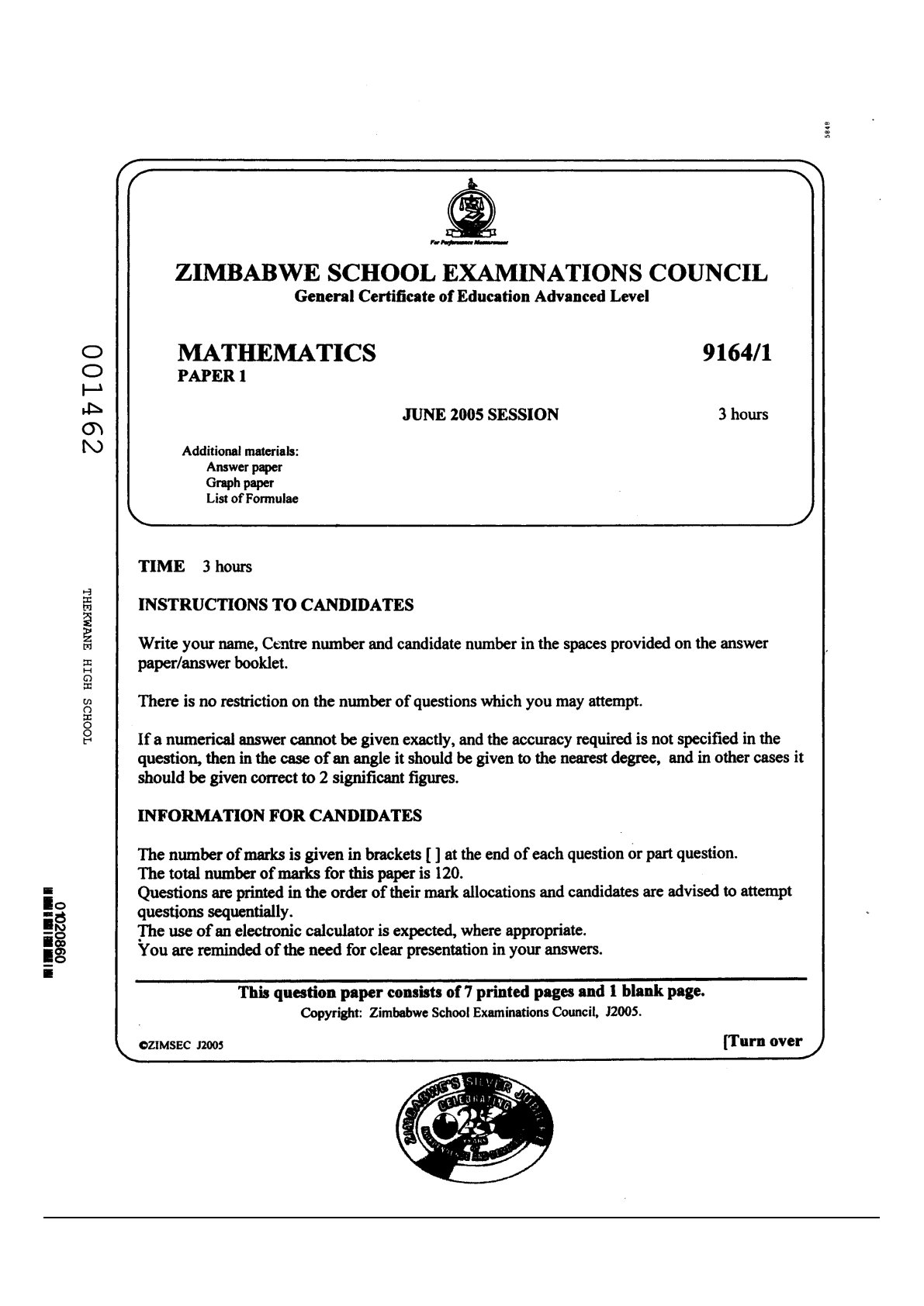 First page of ZIMSEC A-Level Mathematics Paper 1 June 2005 Question Paper
