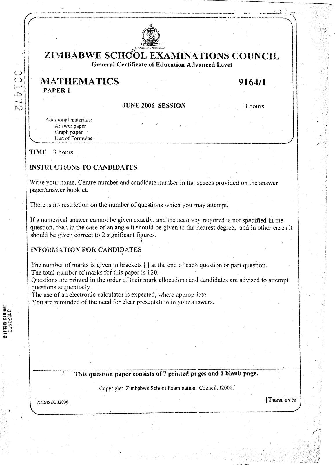 First page of ZIMSEC A-Level Mathematics Paper 1 June 2006 Question Paper