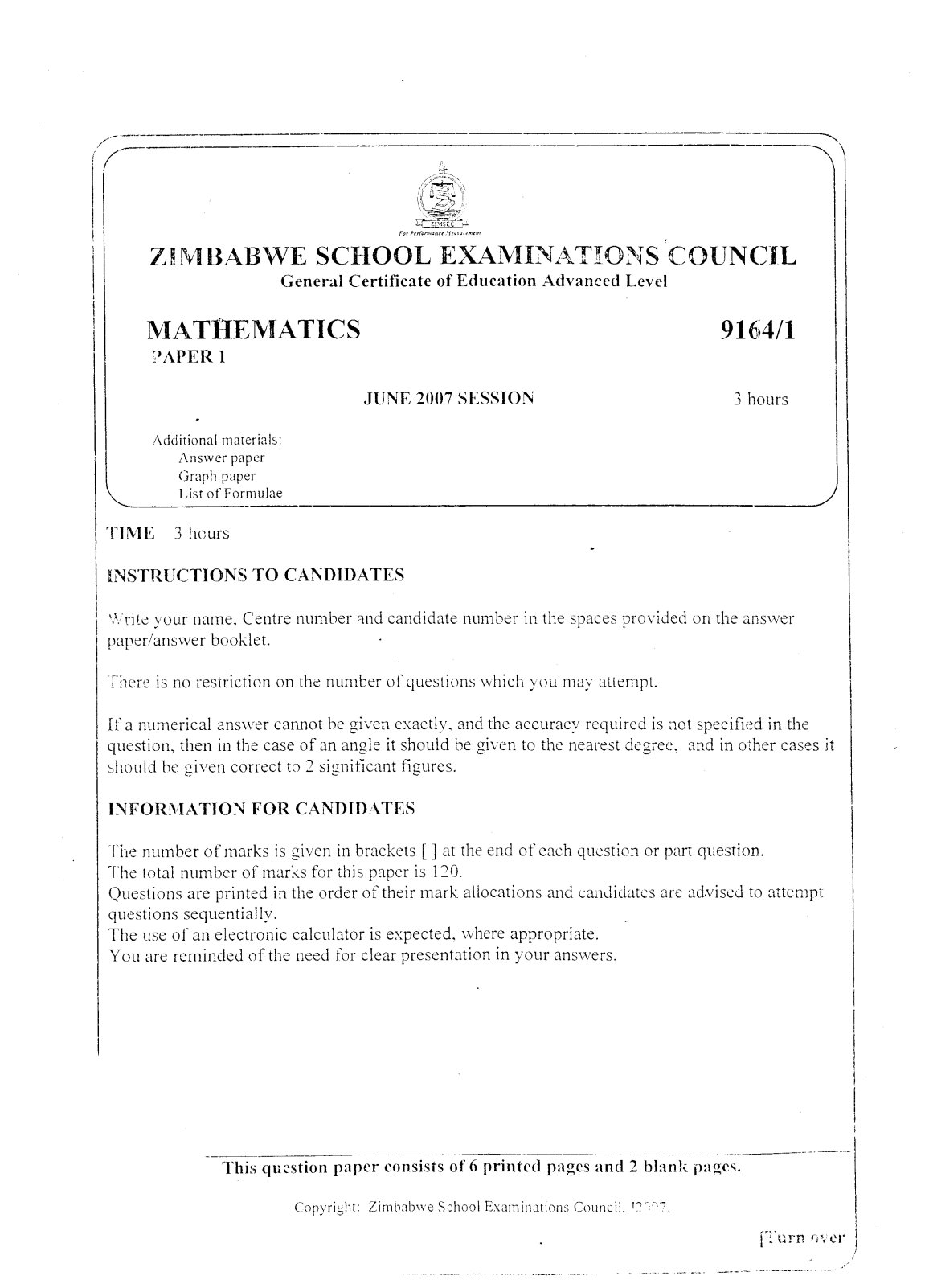 First page of ZIMSEC A-Level Mathematics Paper 1 June 2007 Question Paper
