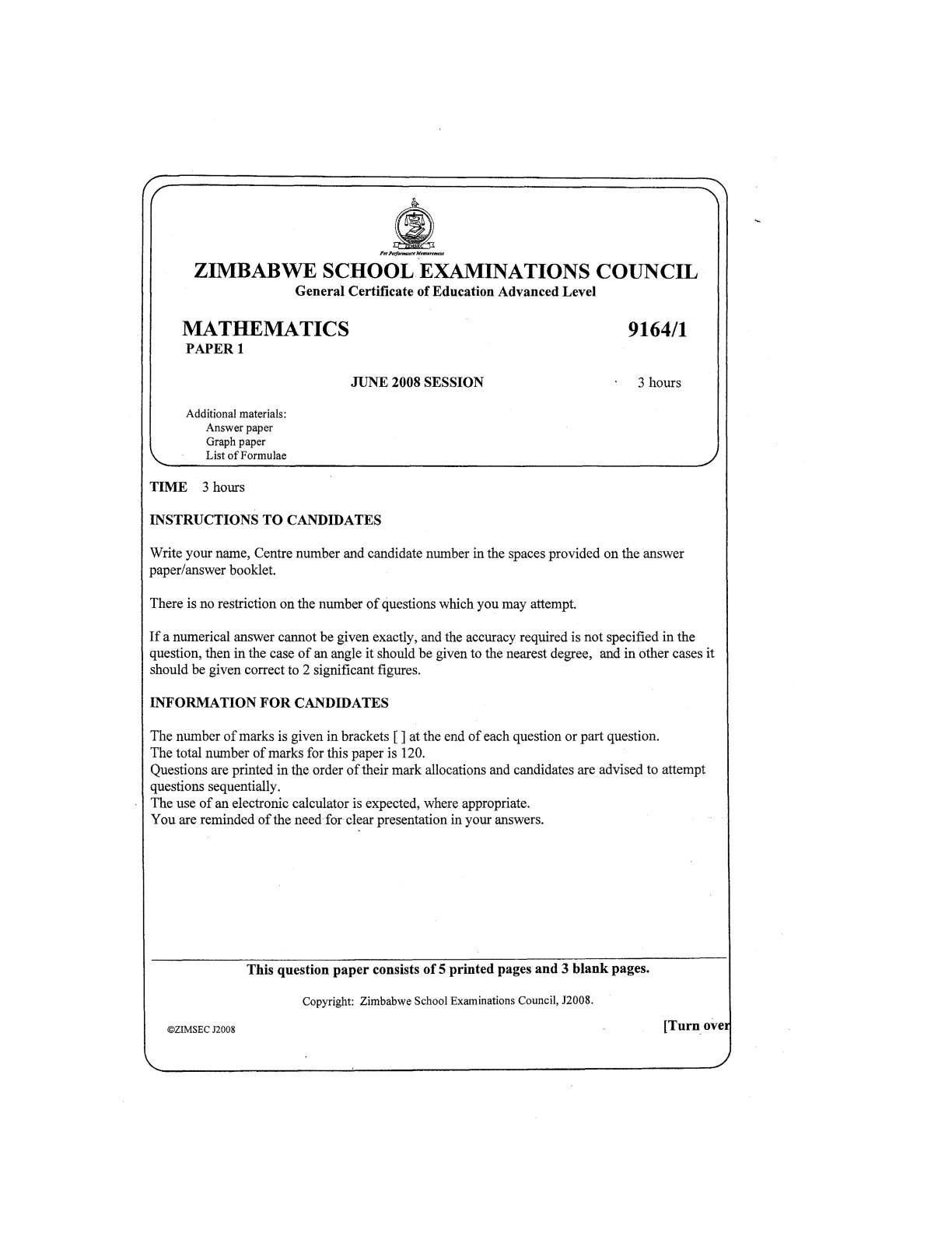 First page of ZIMSEC A-Level Mathematics Paper 1 June 2008 Question Paper