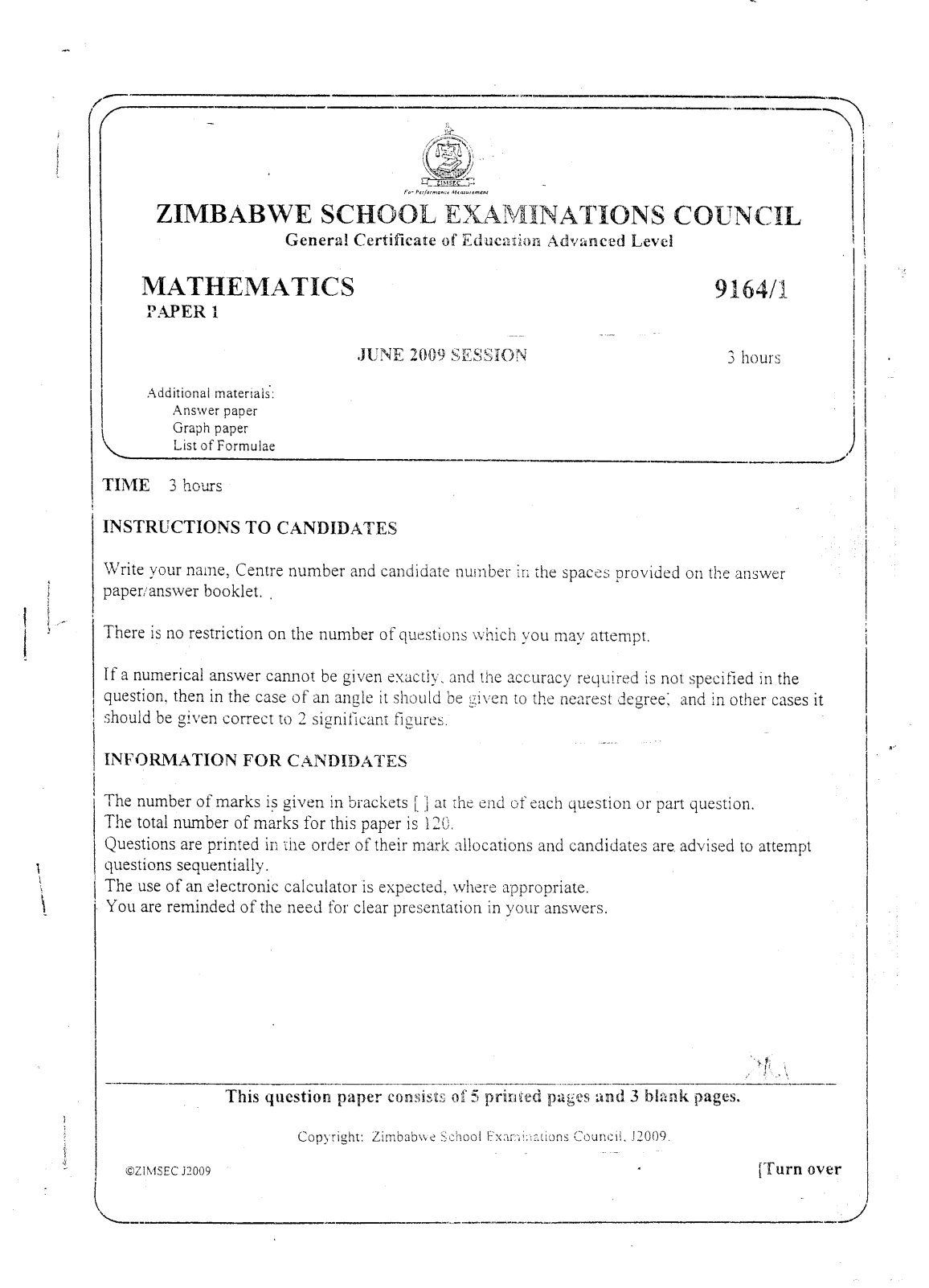First page of ZIMSEC A-Level Mathematics Paper 1 June 2009 Question Paper
