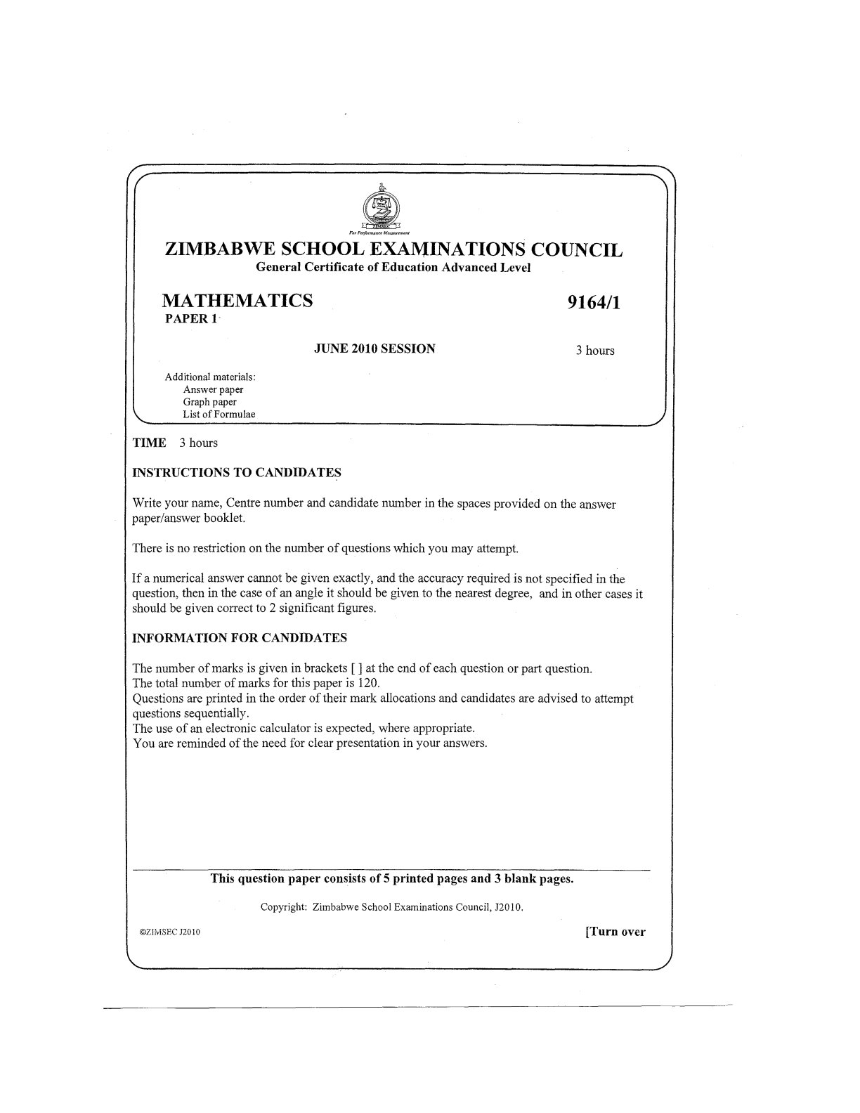 First page of ZIMSEC A-Level Mathematics Paper 1 June 2010 Question Paper