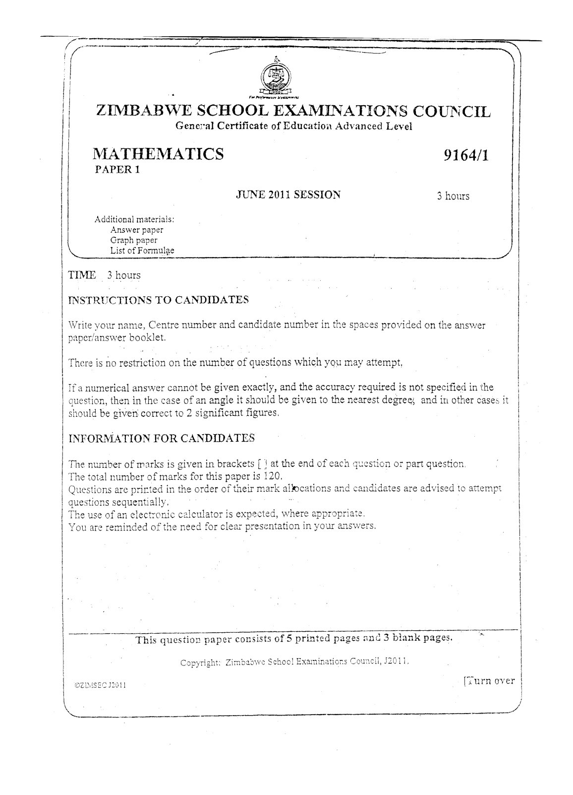 First page of ZIMSEC A-Level Mathematics Paper 1 June 2011 Question Paper