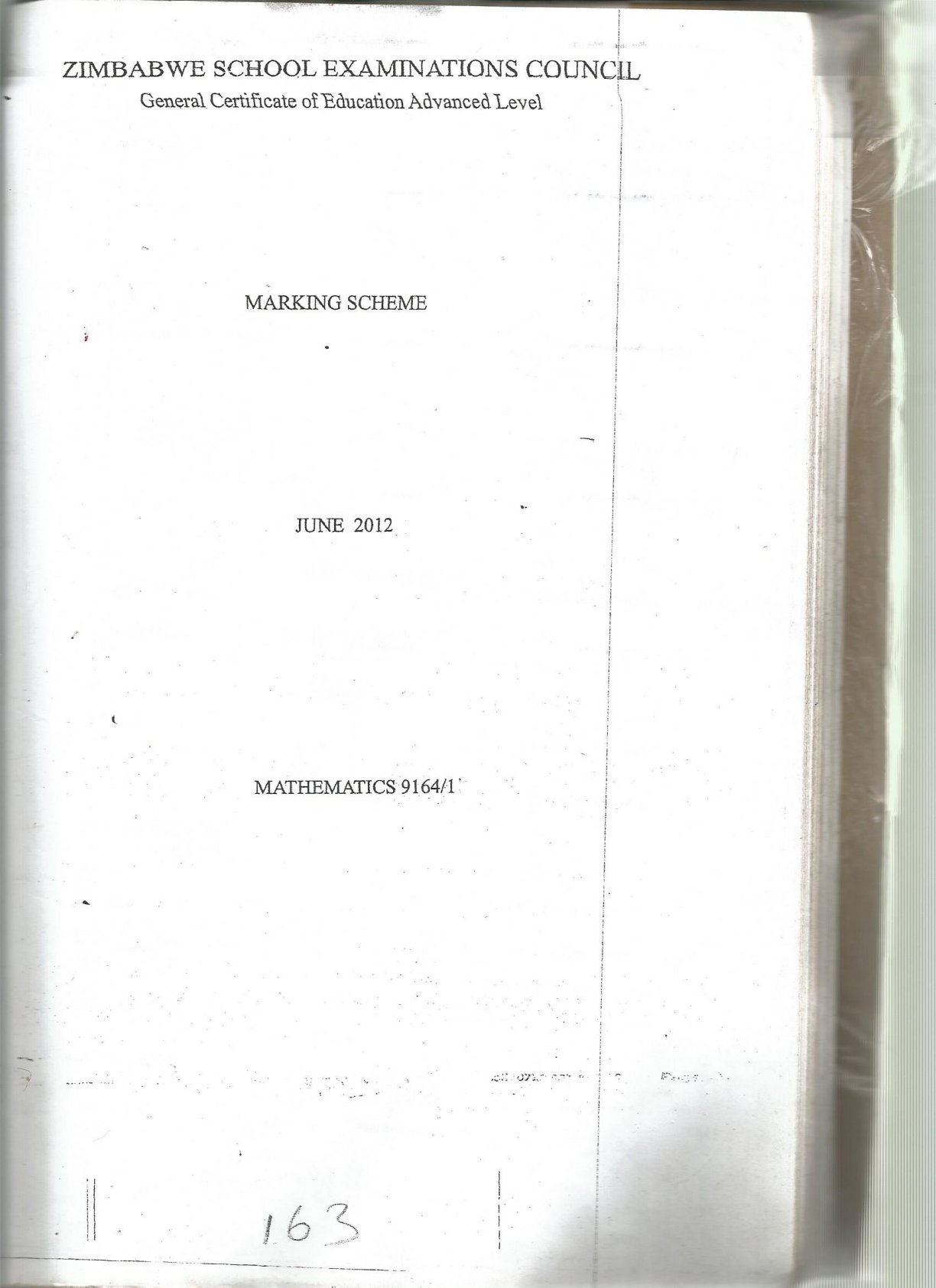 First page of ZIMSEC A-Level Mathematics Paper 1 June 2012 Marking Scheme