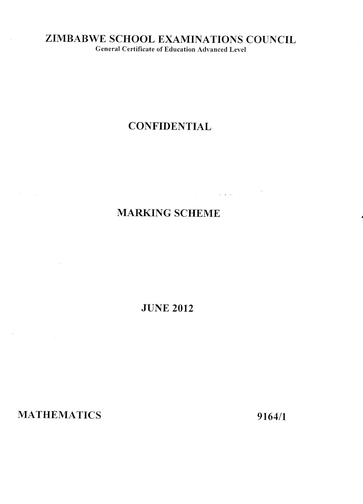 First page of ZIMSEC A-Level Mathematics Paper 1 June 2012 Marking Scheme