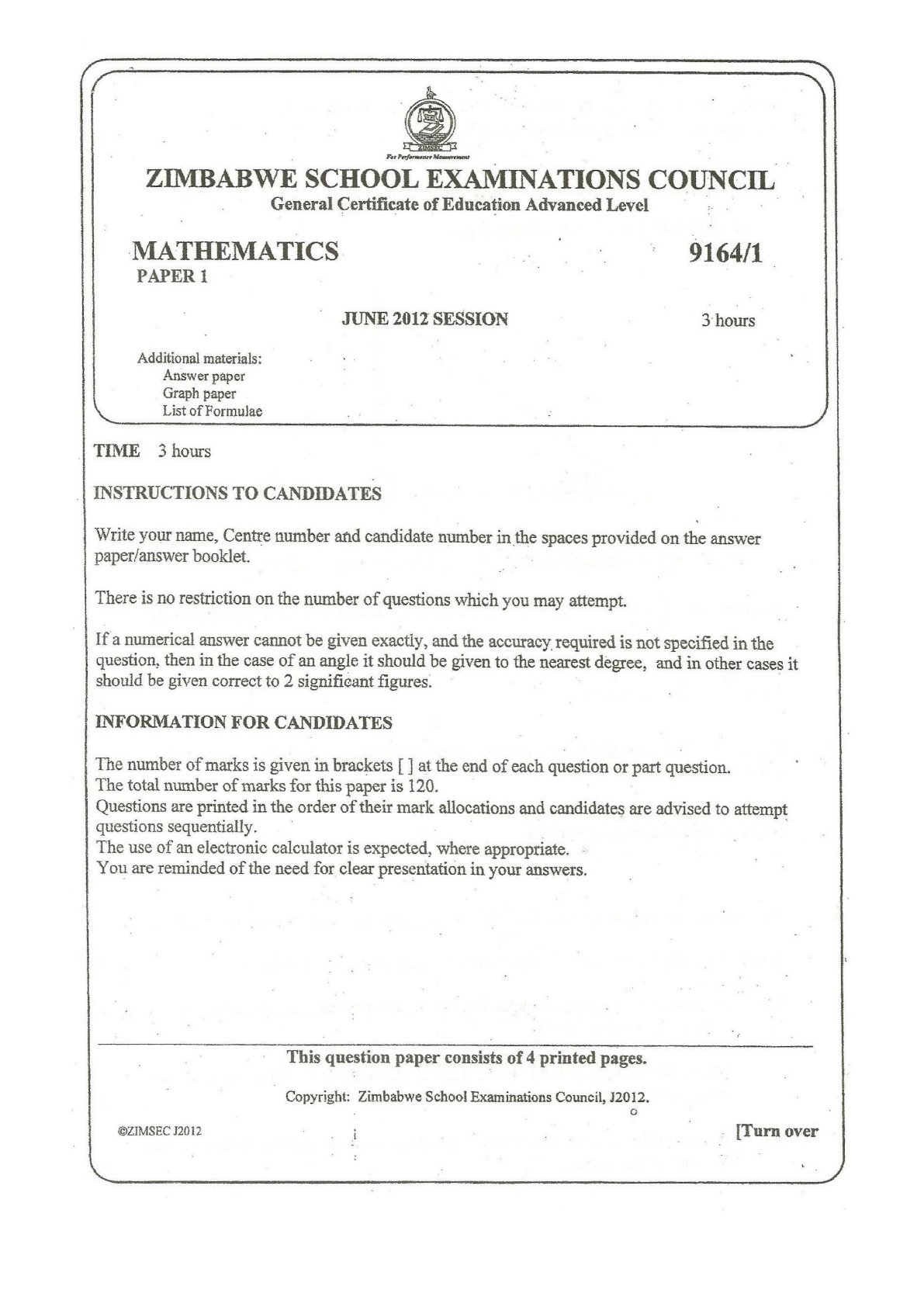 First page of ZIMSEC A-Level Mathematics Paper 1 June 2012 Question Paper