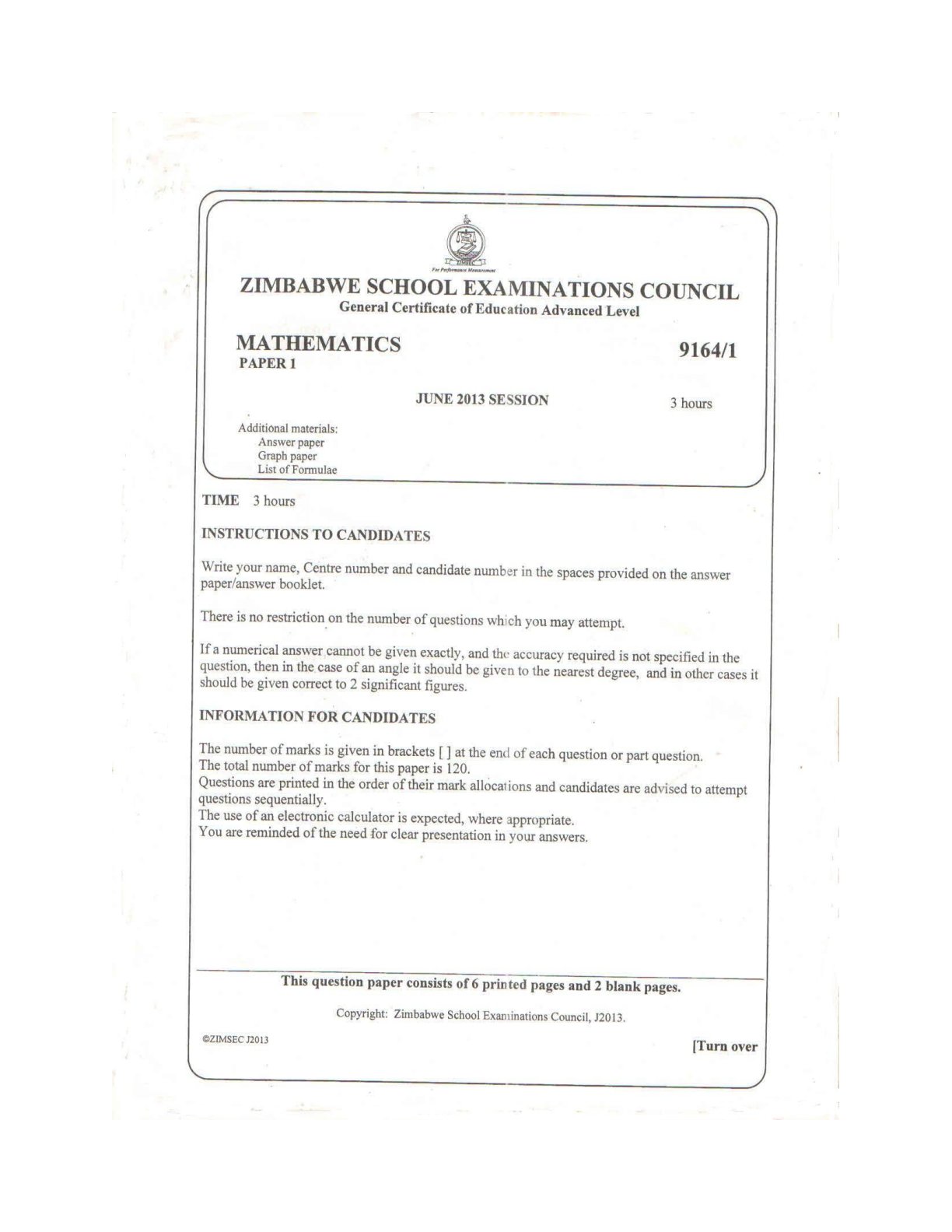 First page of ZIMSEC A-Level Mathematics Paper 1 June 2013 Question Paper