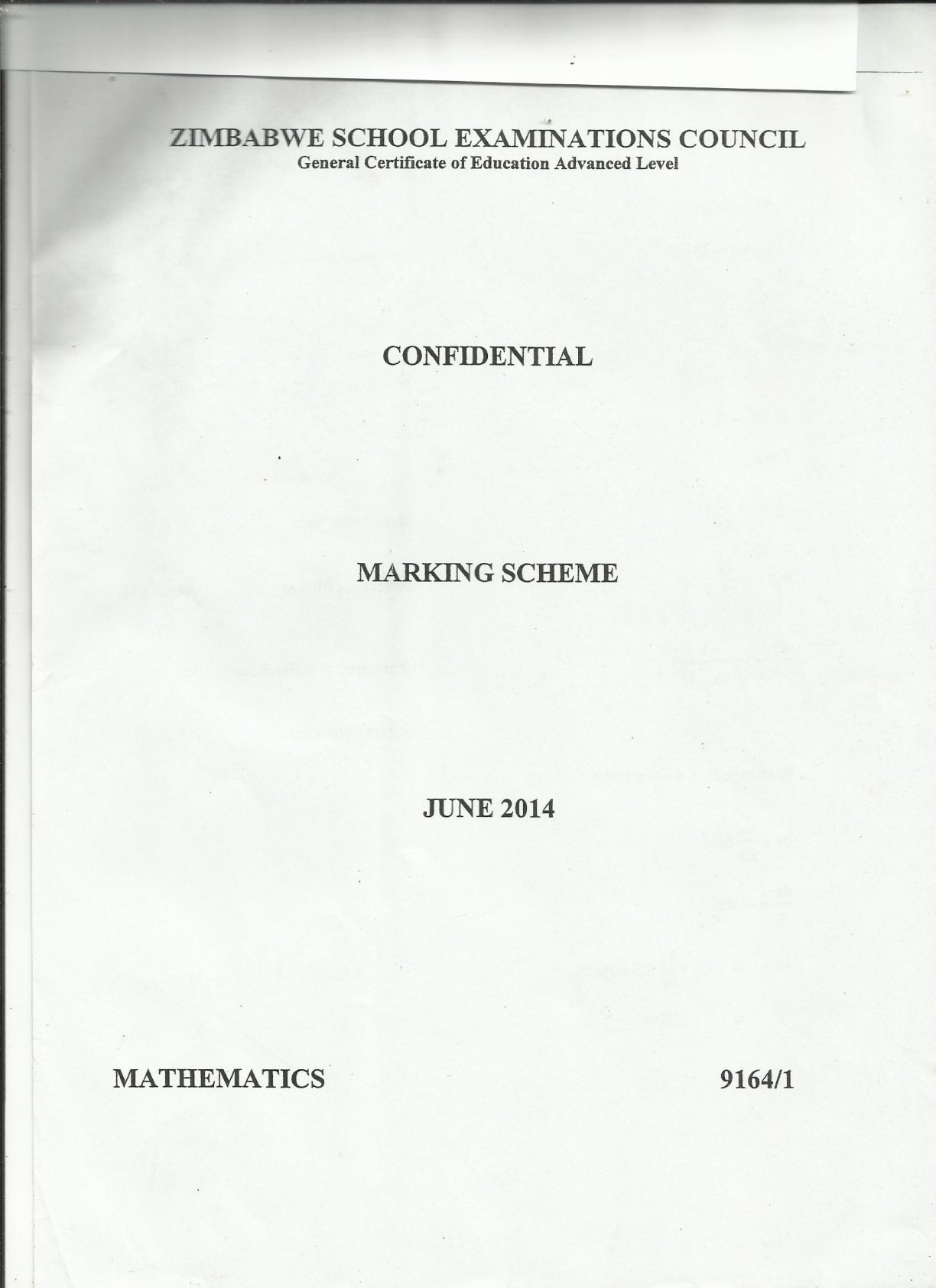 First page of ZIMSEC A-Level Mathematics Paper 1 June 2014 Marking Scheme