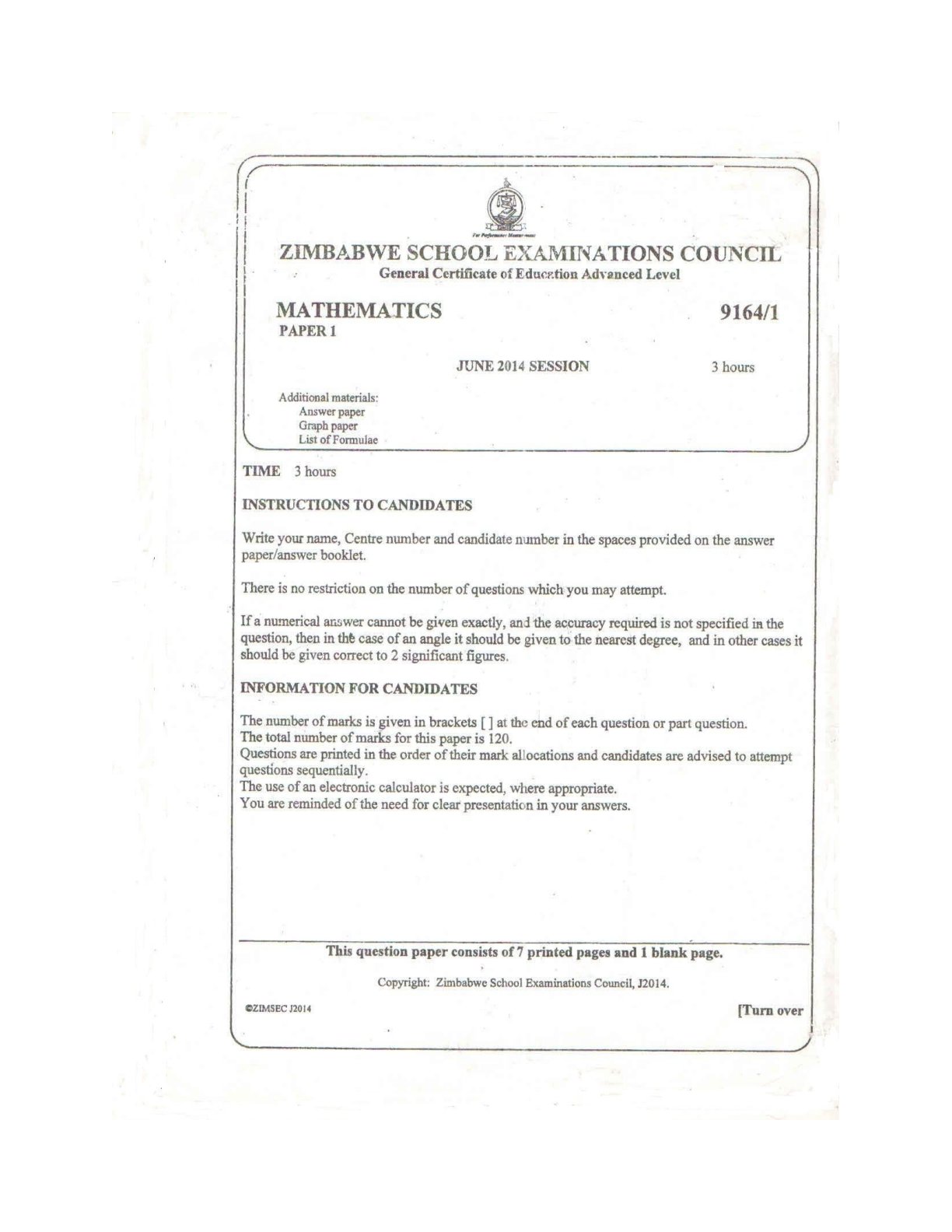 First page of ZIMSEC A-Level Mathematics Paper 1 June 2014 Question Paper