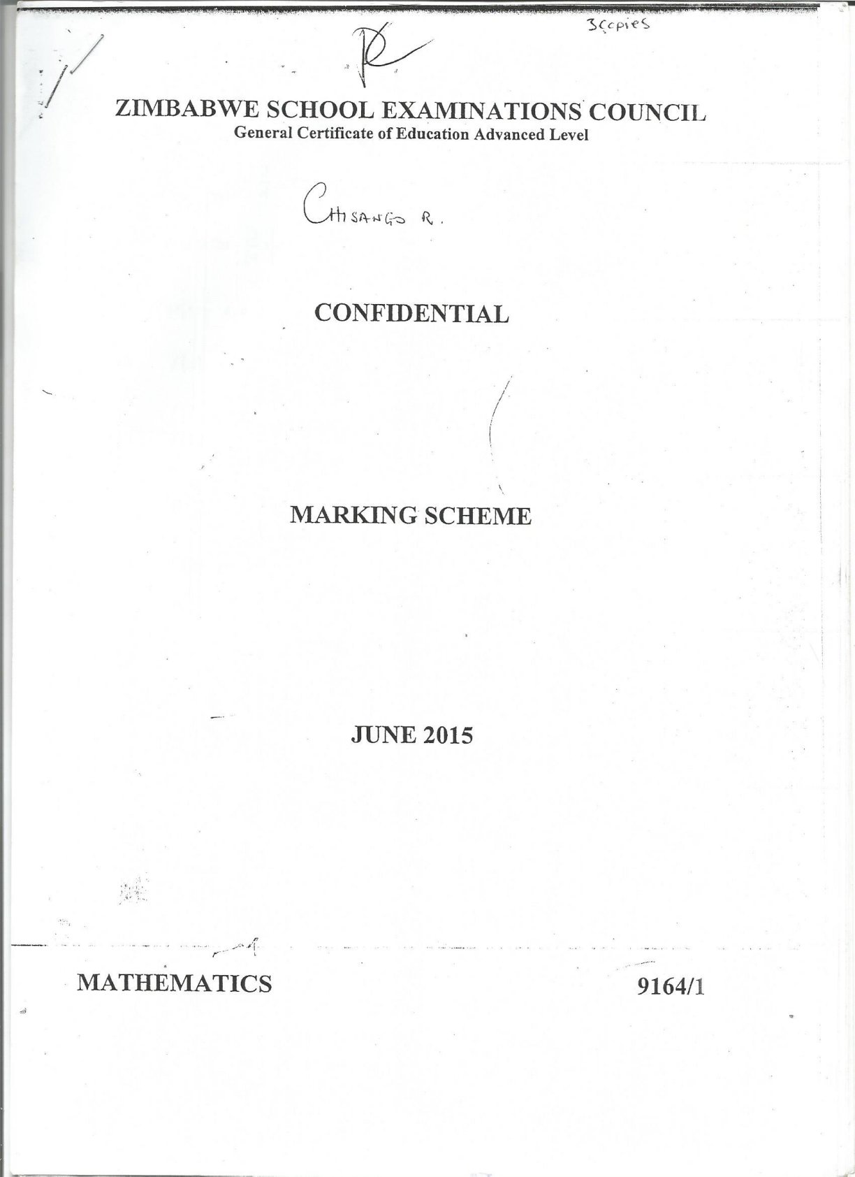 First page of ZIMSEC A-Level Mathematics Paper 1 June 2015 Marking Scheme