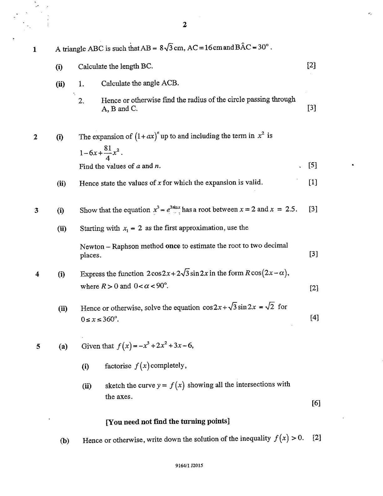 First page of ZIMSEC A-Level Mathematics Paper 1 June 2015 Question Paper