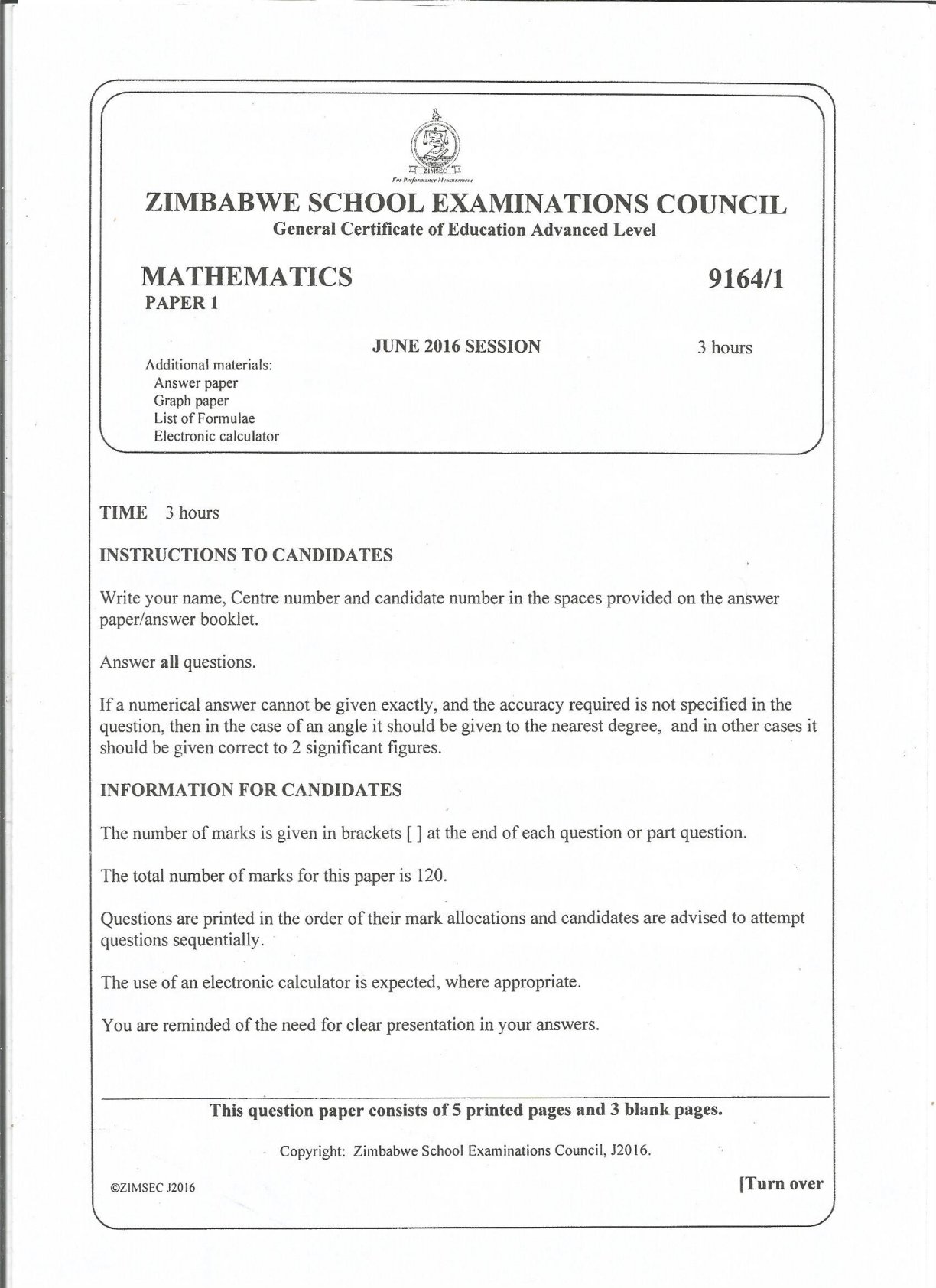 First page of ZIMSEC A-Level Mathematics Paper 1 June 2016 Question Paper