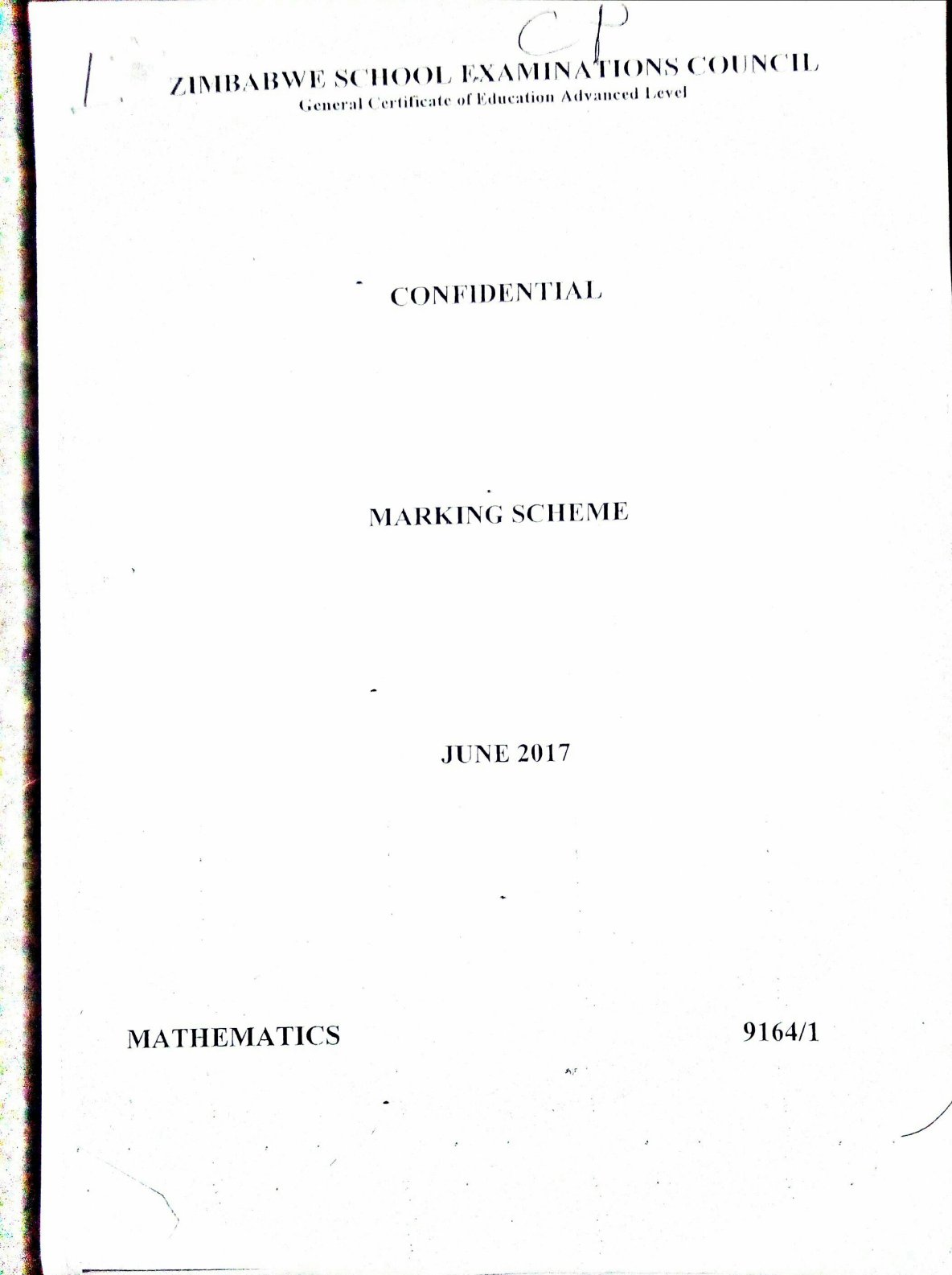 First page of ZIMSEC A-Level Mathematics Paper 1 June 2017 Marking Scheme